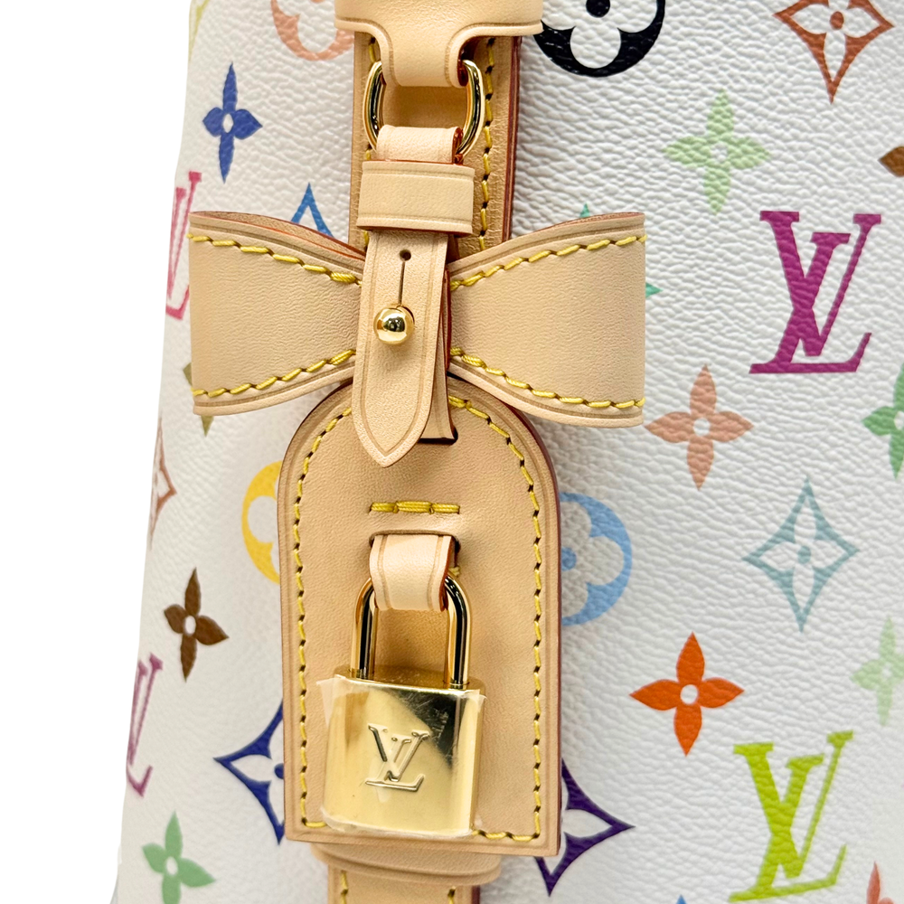 Louis Vuitton multicolor bag lock detail with tan leather strap and gold clasp