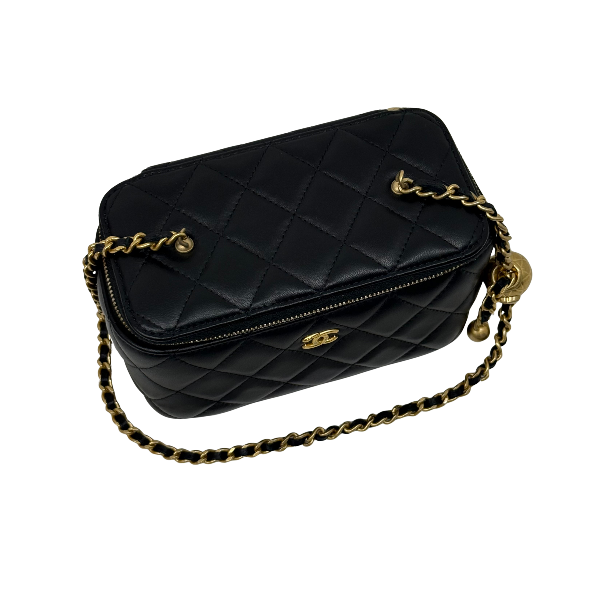 Black quilted leather crossbody bag with CC emblem, gold chain, and zip top