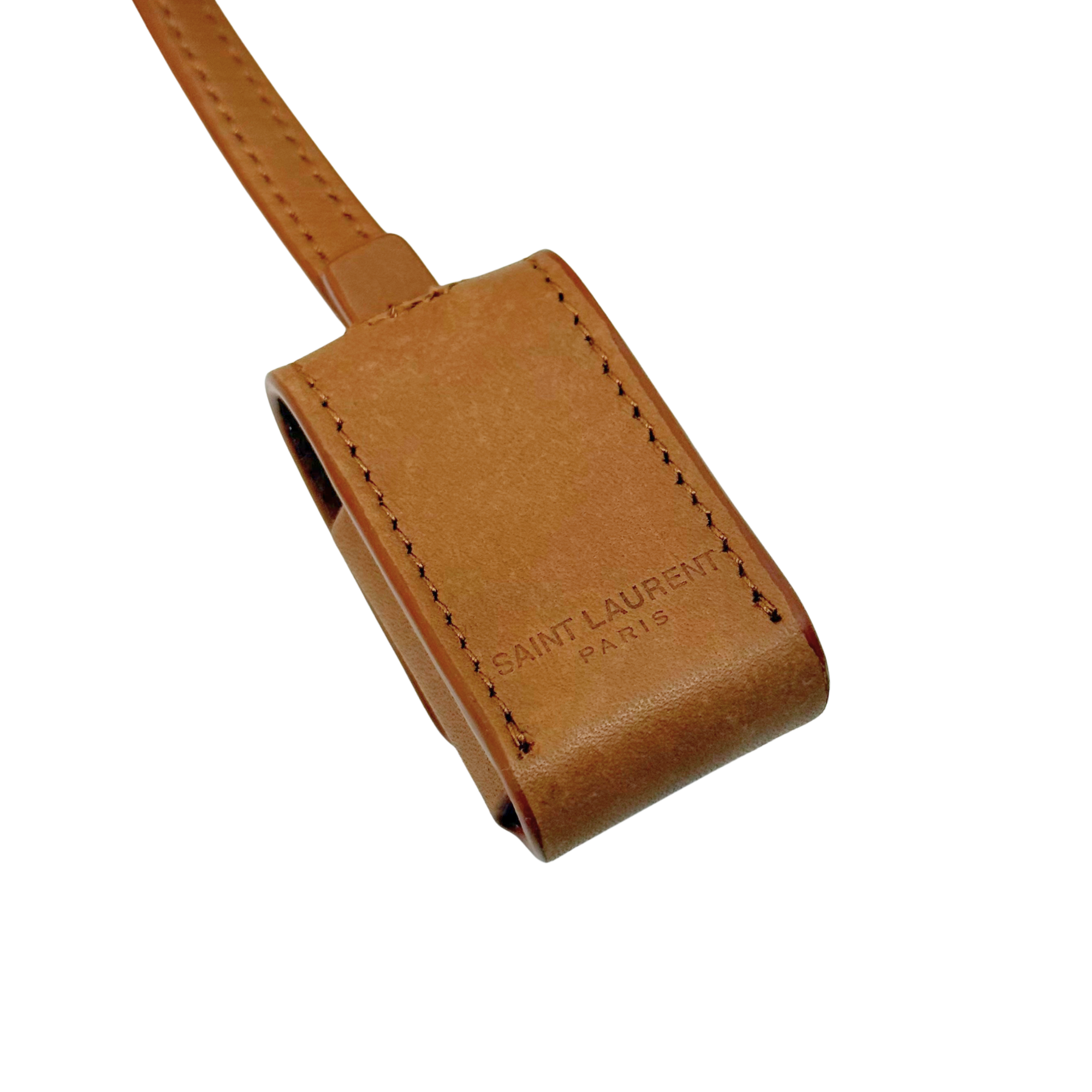 Brown leather key pouch with stitched edges and Saint Laurent Paris logo stamp