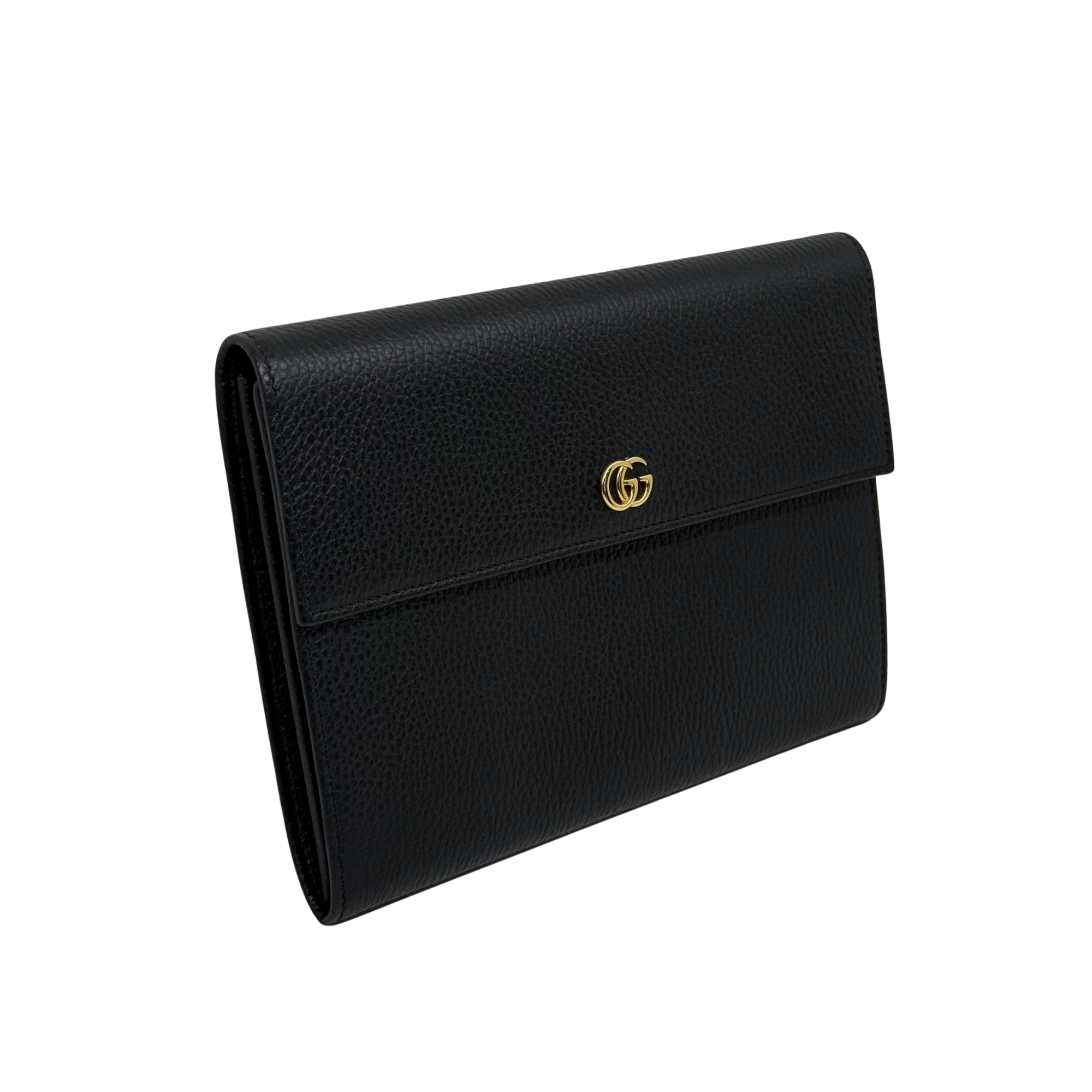 Black Gucci leather wallet with gold double-G emblem and flap front