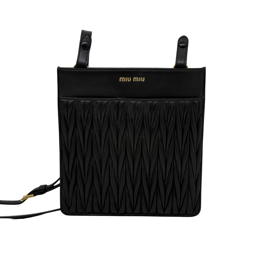 Miu Miu black textured mini tote bag with top handles and drawstring strap