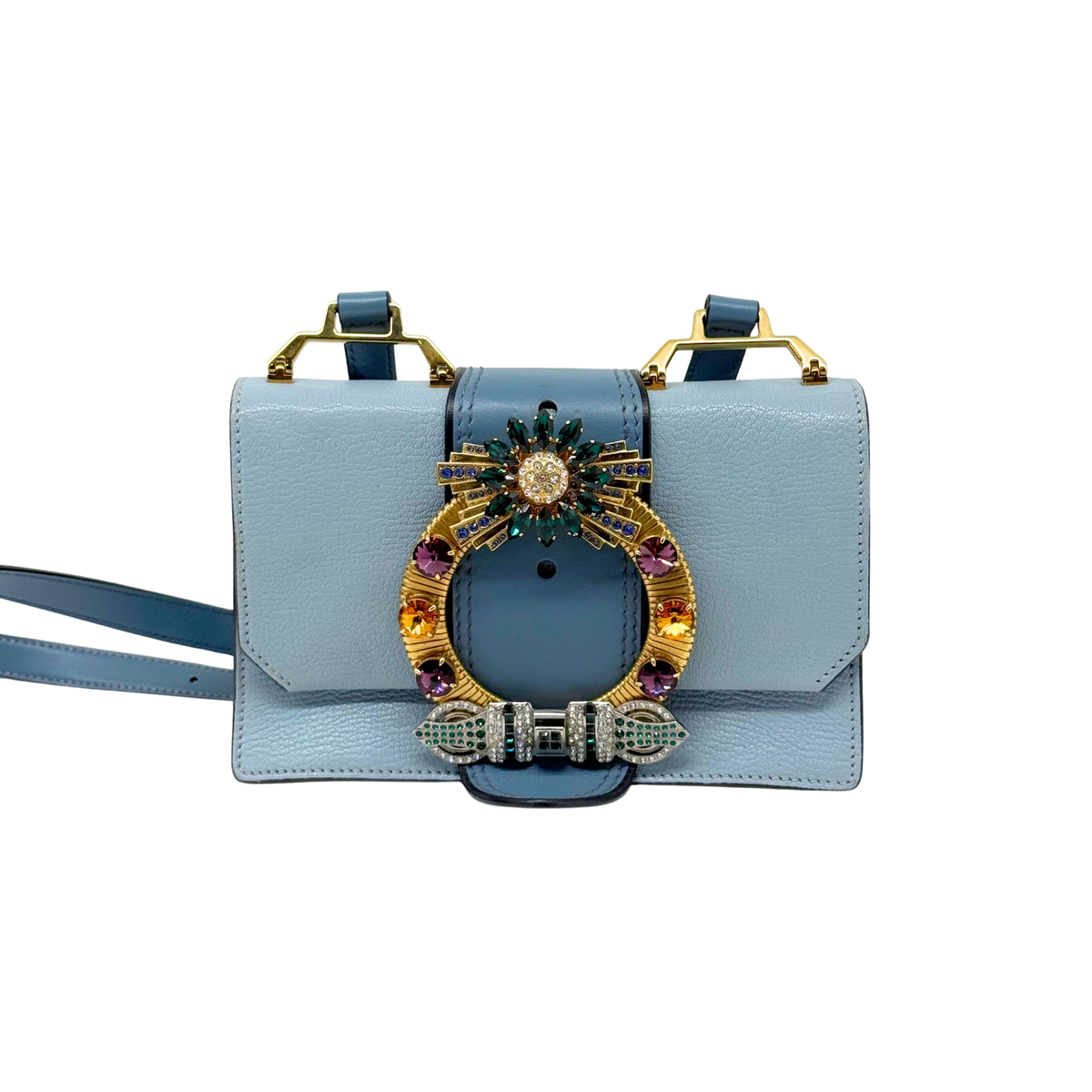 Pre-owned Miu Miu mini handbag, light blue leather with jeweled ornament and strap