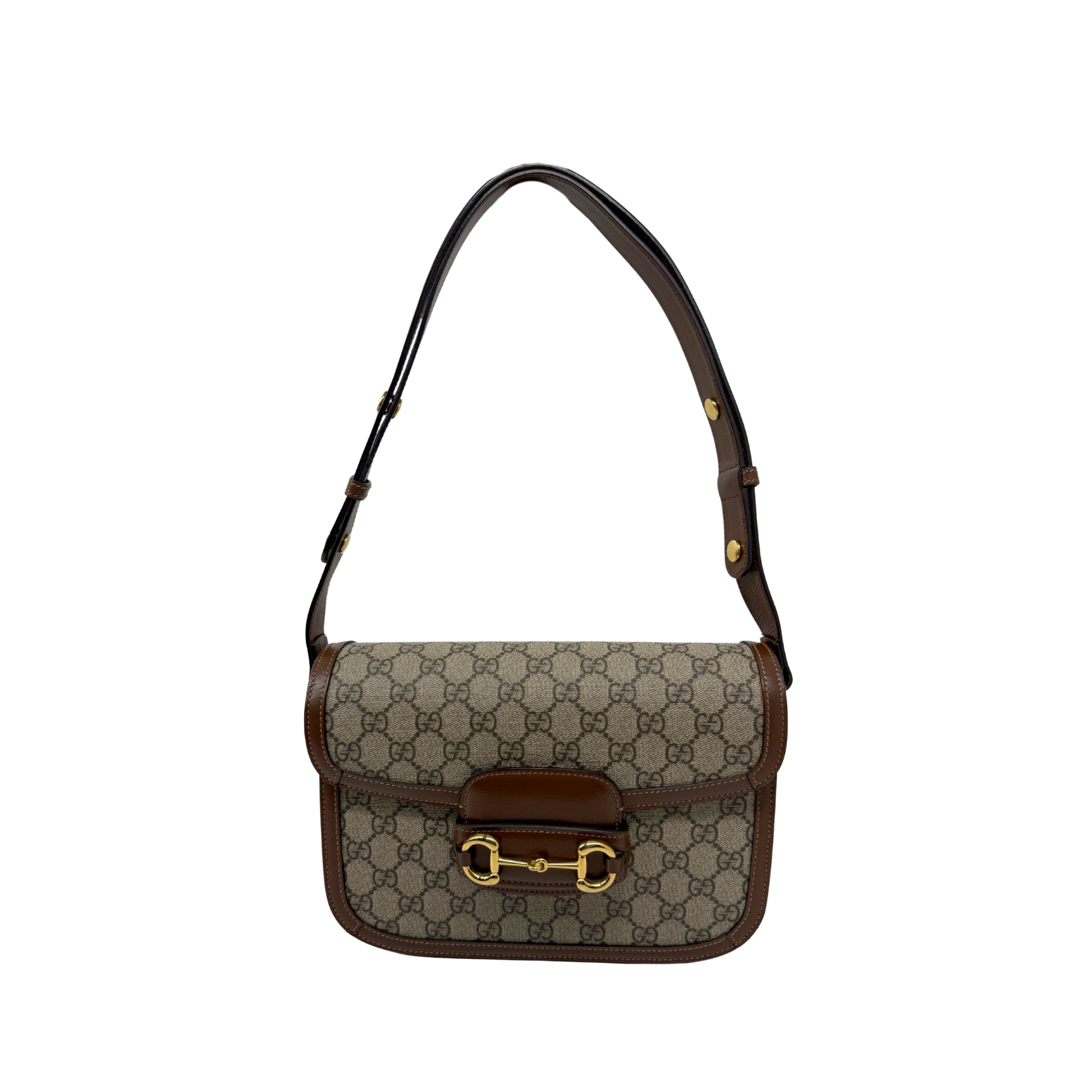 Pre-owned Gucci crossbody bag with monogram canvas, brown leather handle, gold clasp