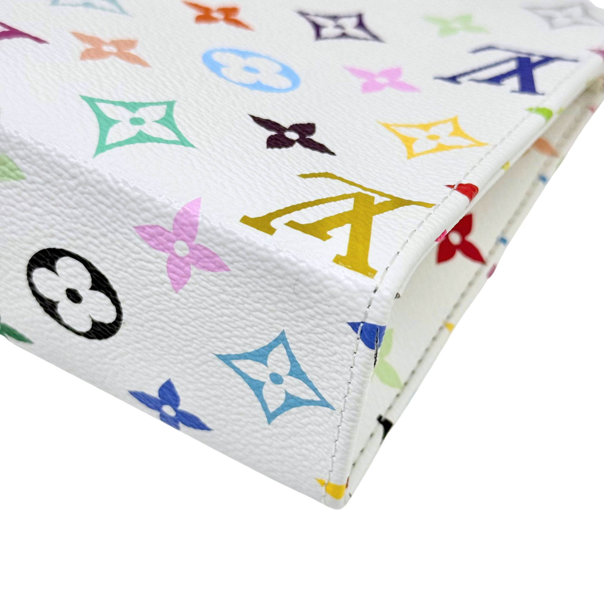 Louis Vuitton pouch corner in white with multicolor monogram icons, stitched edge