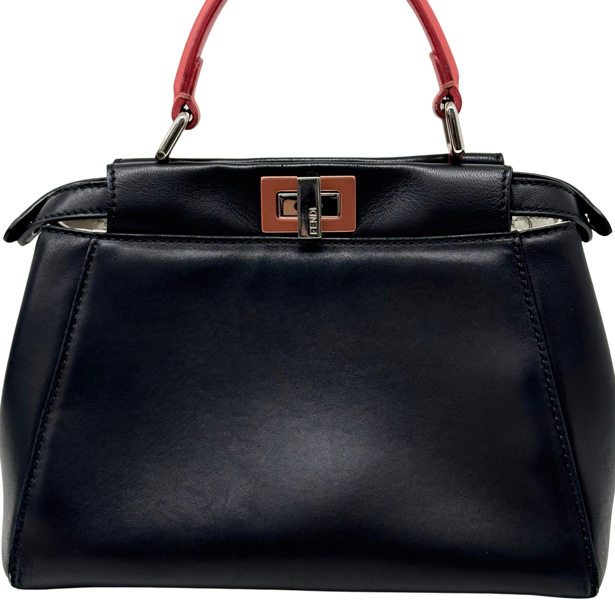 Pre-owned Fendi black leather handbag front view, coral-pink handles and metal lock hardware