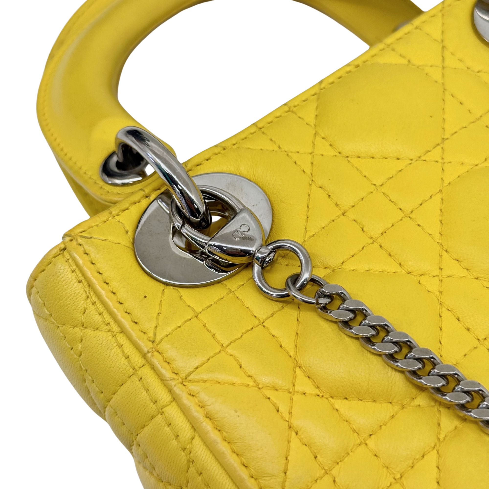 Dior Lady Mini Flap – Cannage Lambskin Yellow Silver Hardware Chain Strap Silver Hardware
 (pre-owned)