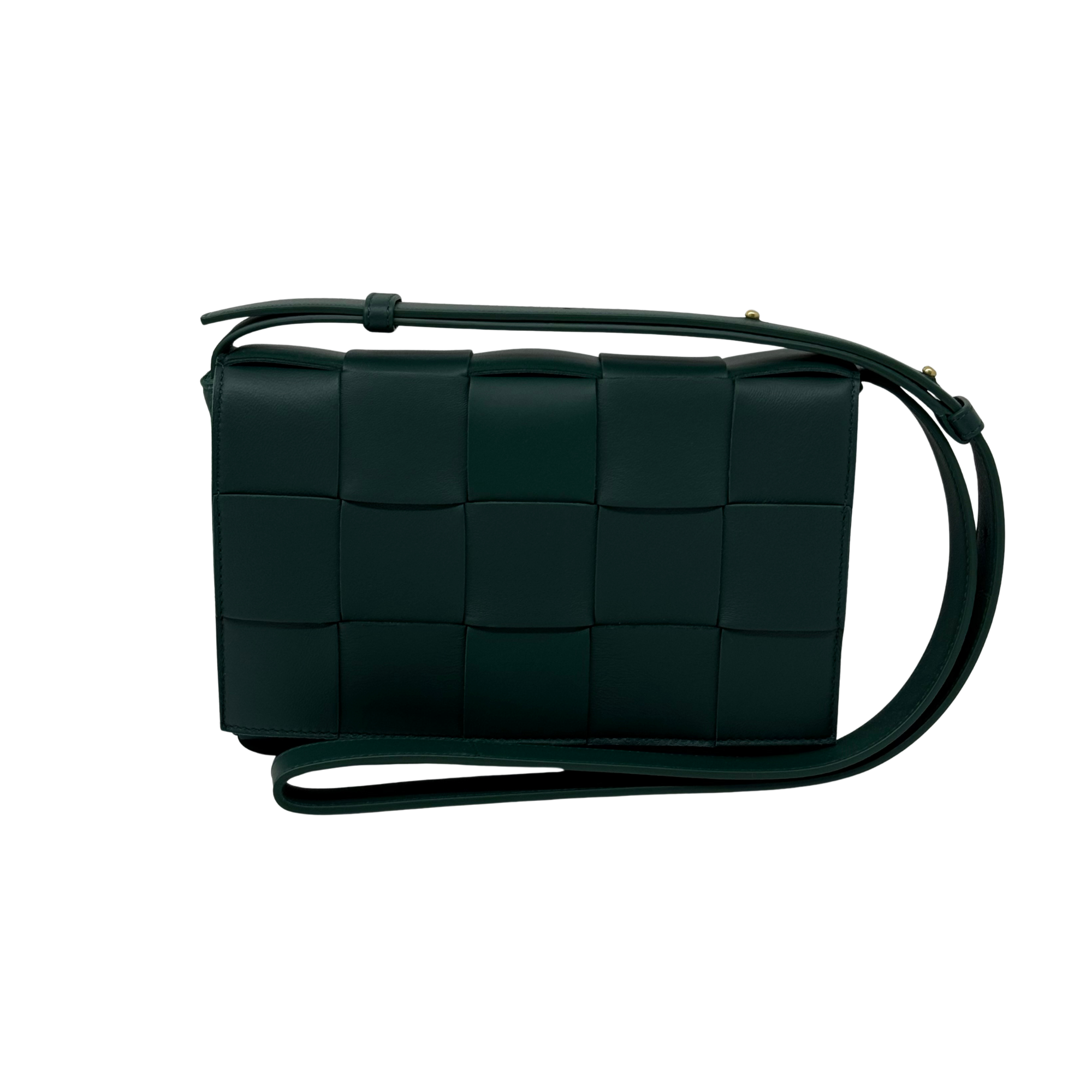 Dark green woven leather crossbody bag with adjustable strap and square quilted panels