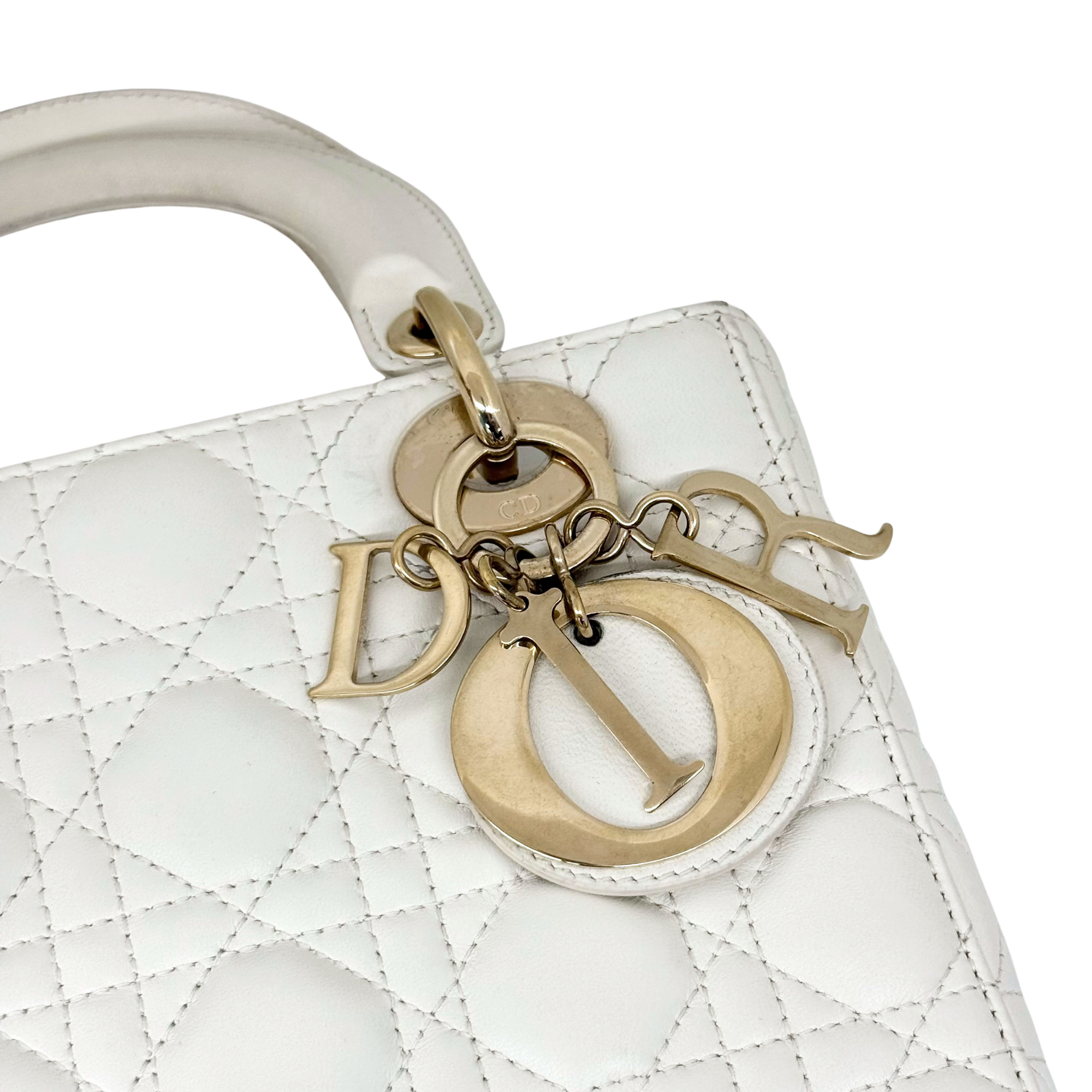 Dior Lady Dior Small White Cannage Lambskin Leather Top Handle Bag (pre-owned)