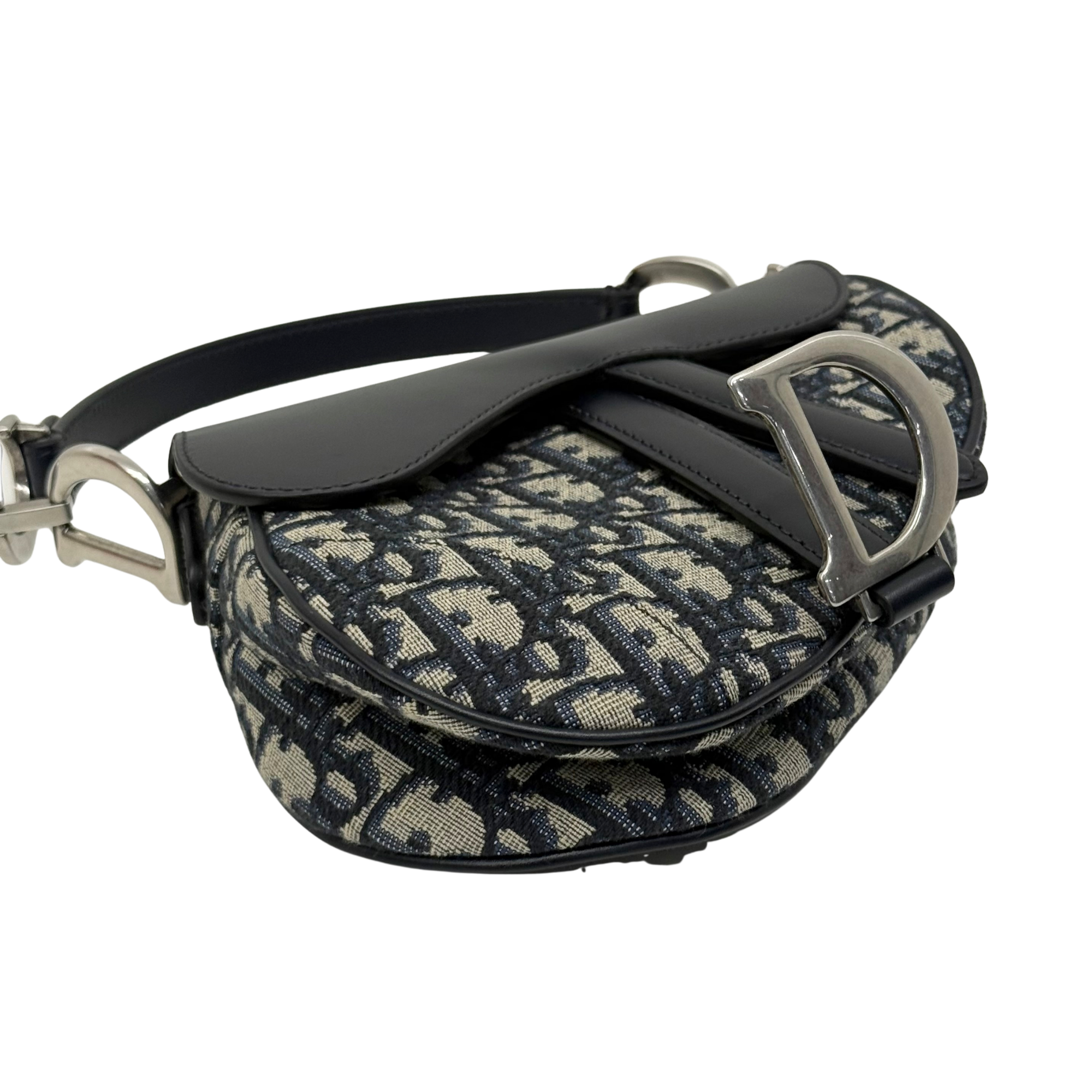 Pre-owned Dior mini saddle bag with navy patterned canvas and black leather trim
