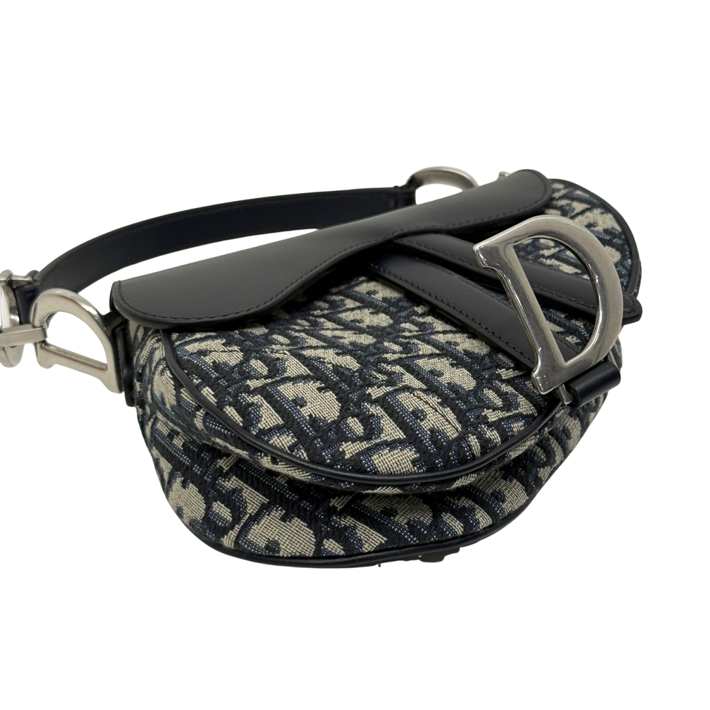 Pre-owned Dior mini saddle bag with navy patterned canvas and black leather trim