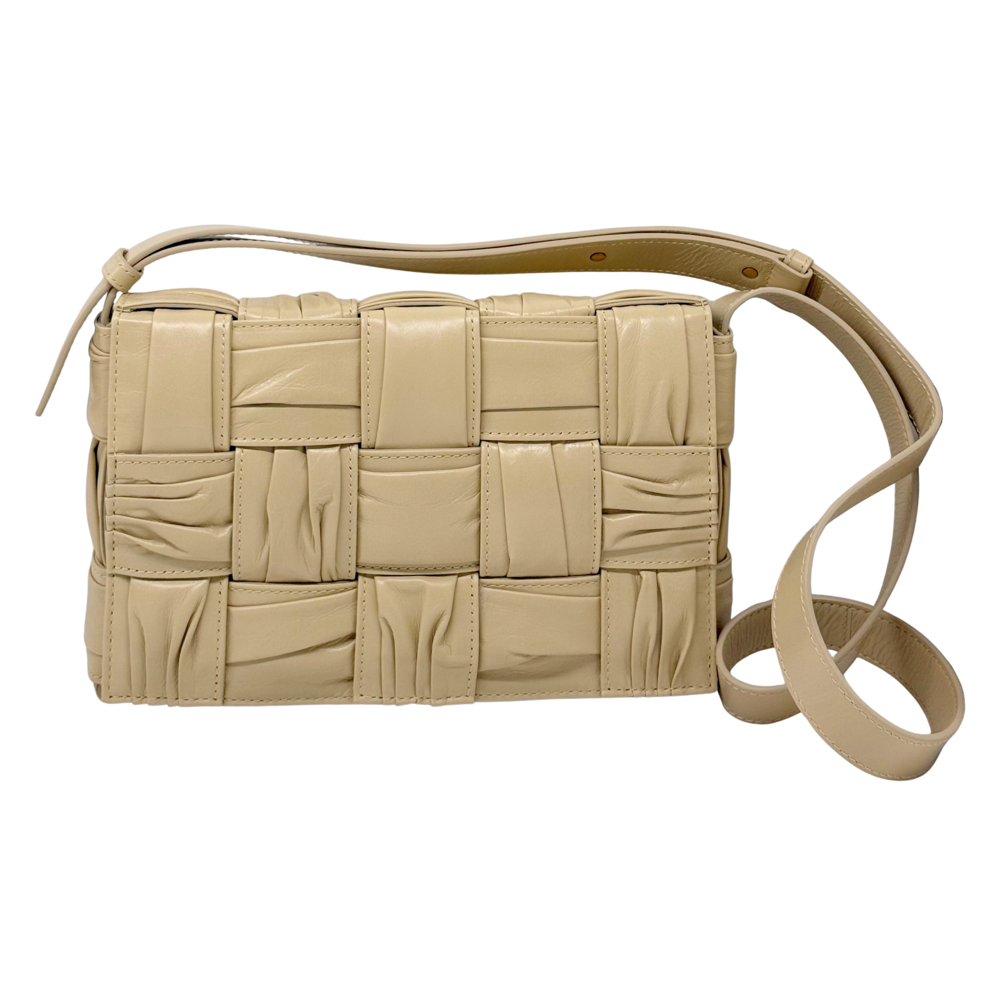 Bottega Calfskin Intreccio Plisse Cassette Crossbody Bag Porridge / beige (brand new)