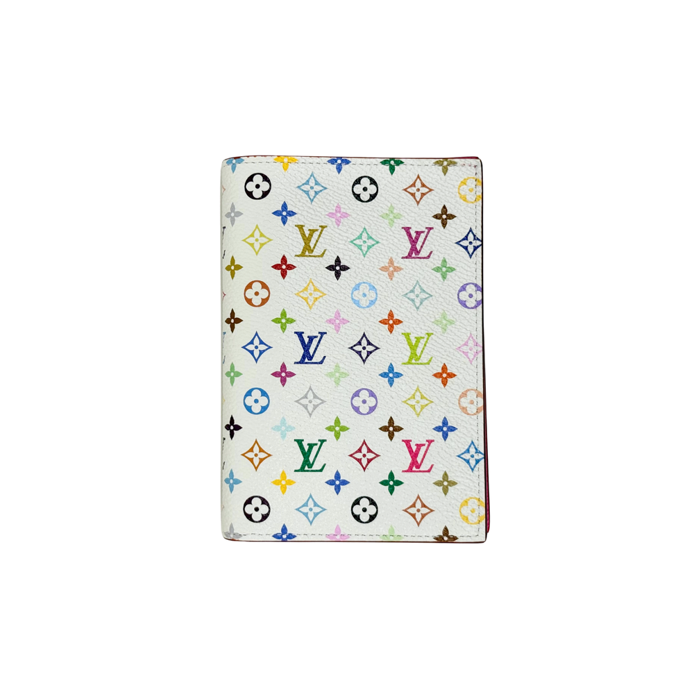 Multicolor Louis Vuitton card holder with white background and monogram pattern exterior