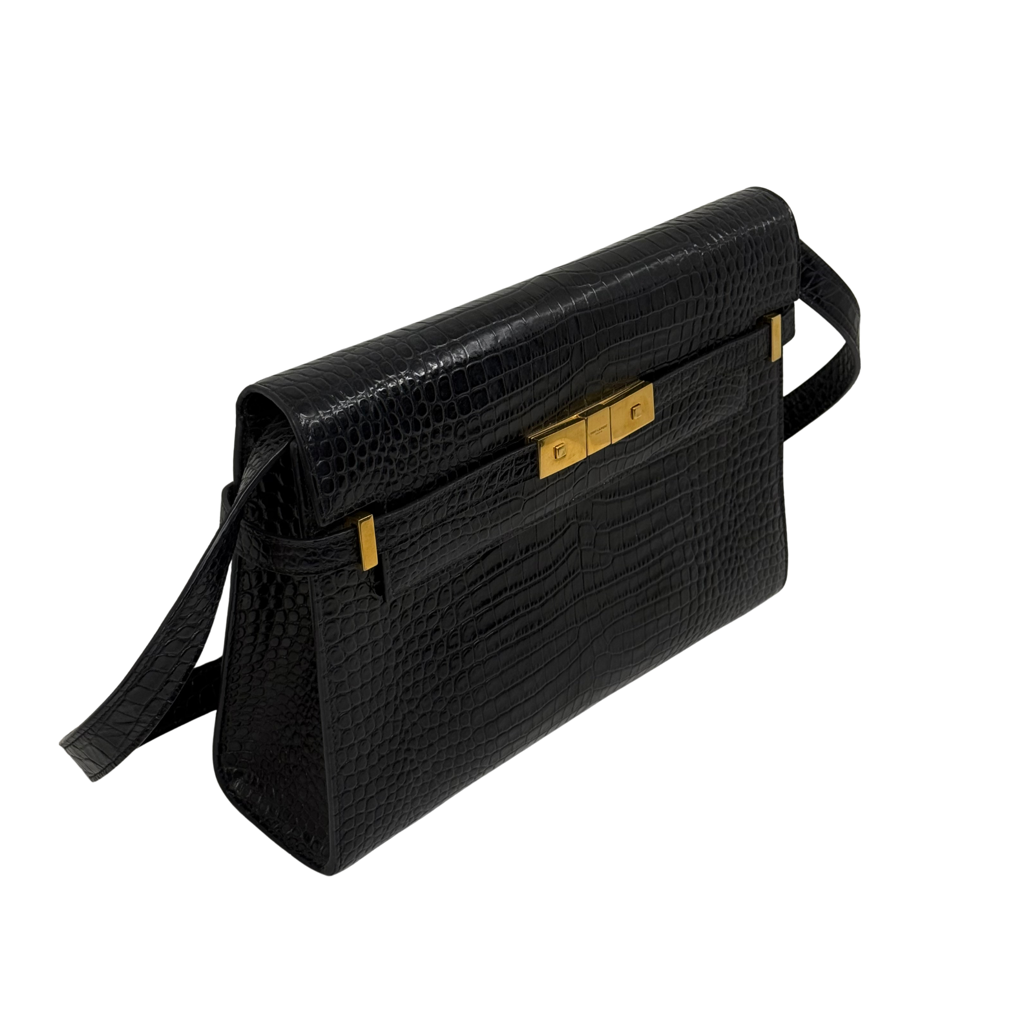 YSL pre-owned black croc-embossed leather crossbody bag with flap, gold hardware