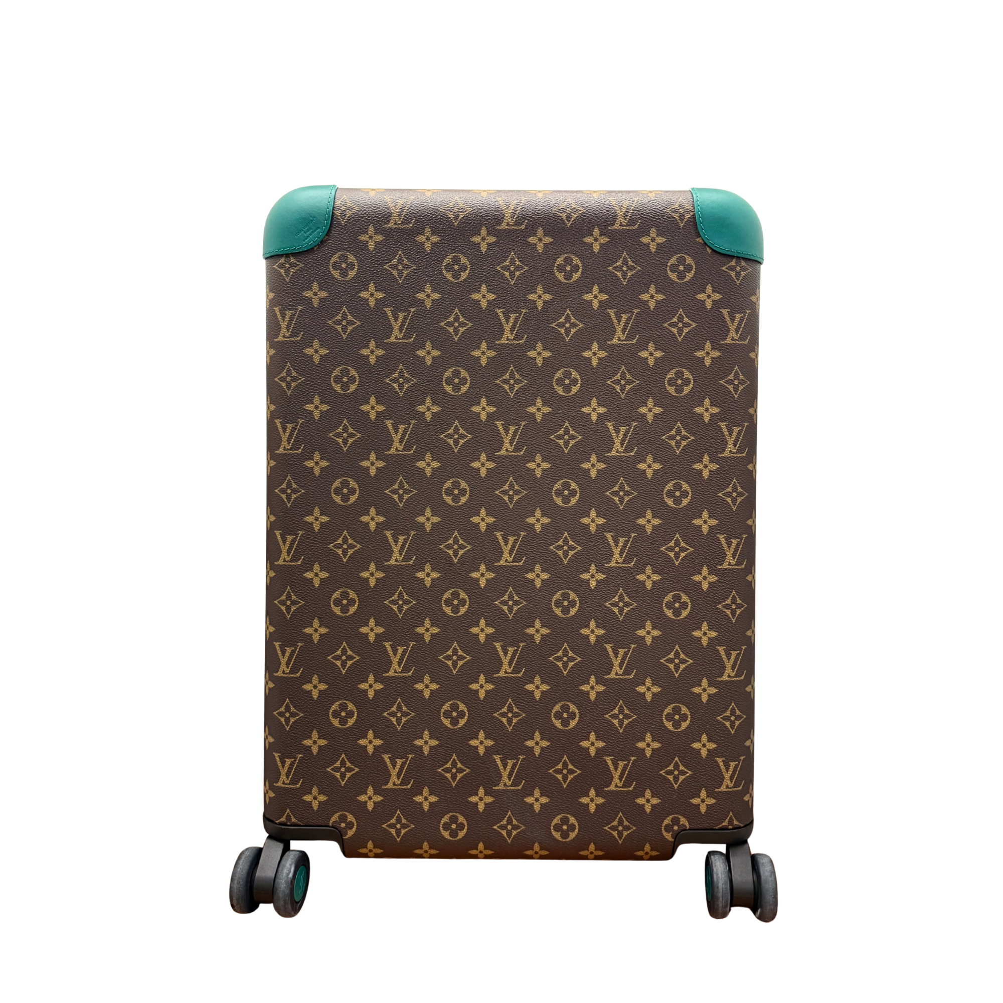 Pre-owned Louis Vuitton trunk suitcase with brown monogram canvas, teal top corners, and four wheels