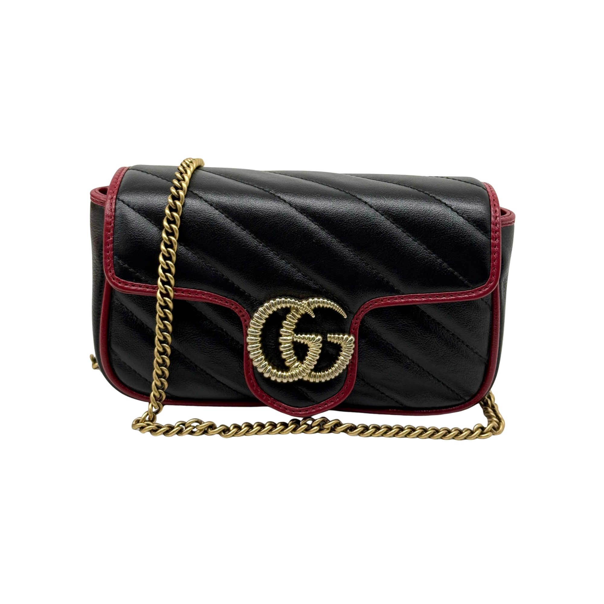 Gucci black and red Super Mini GG Marmont Matelasse Leather Torchon Flap crossbody bag (brand new)