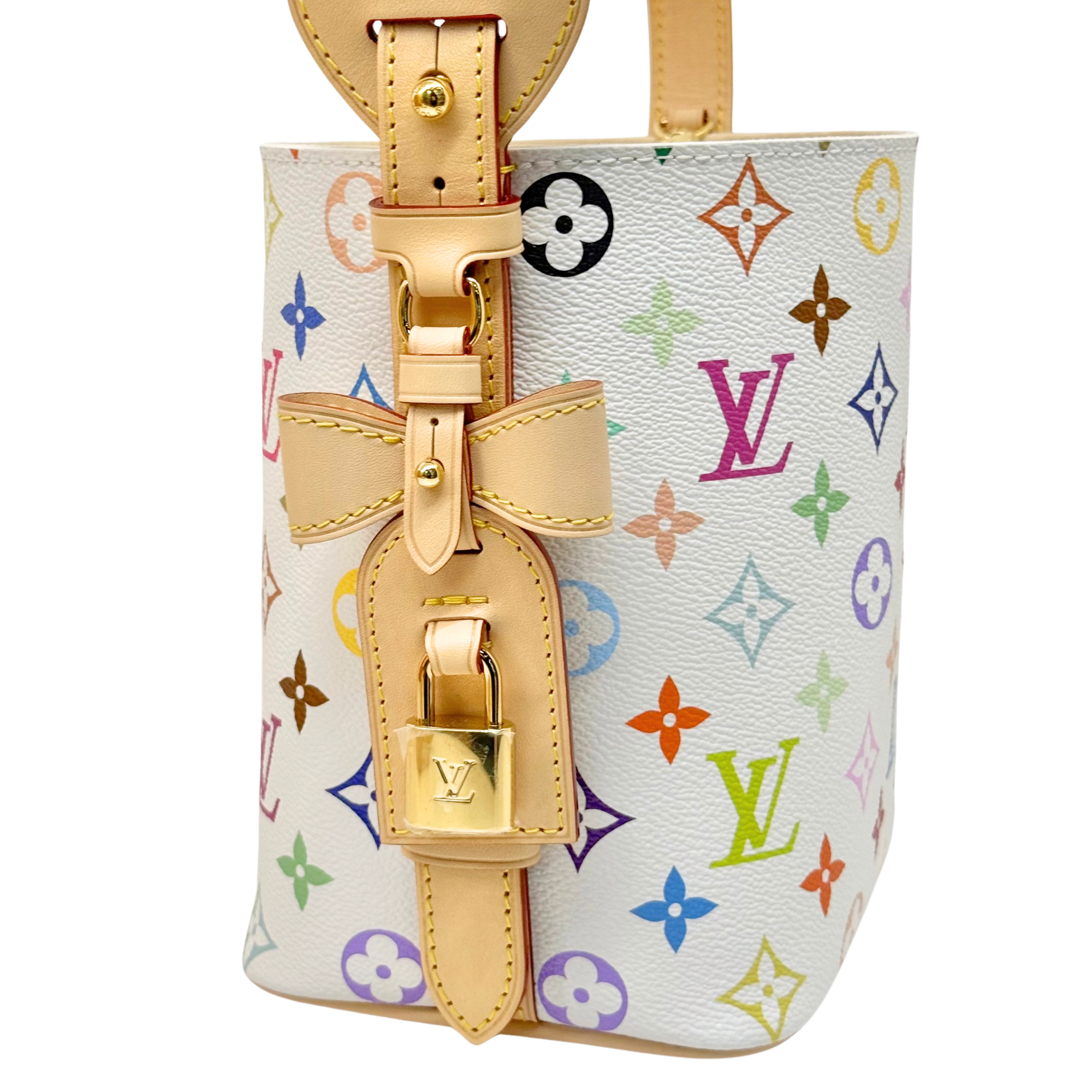 Louis Vuitton multicolor mini bag with front leather strap and hanging gold lock
