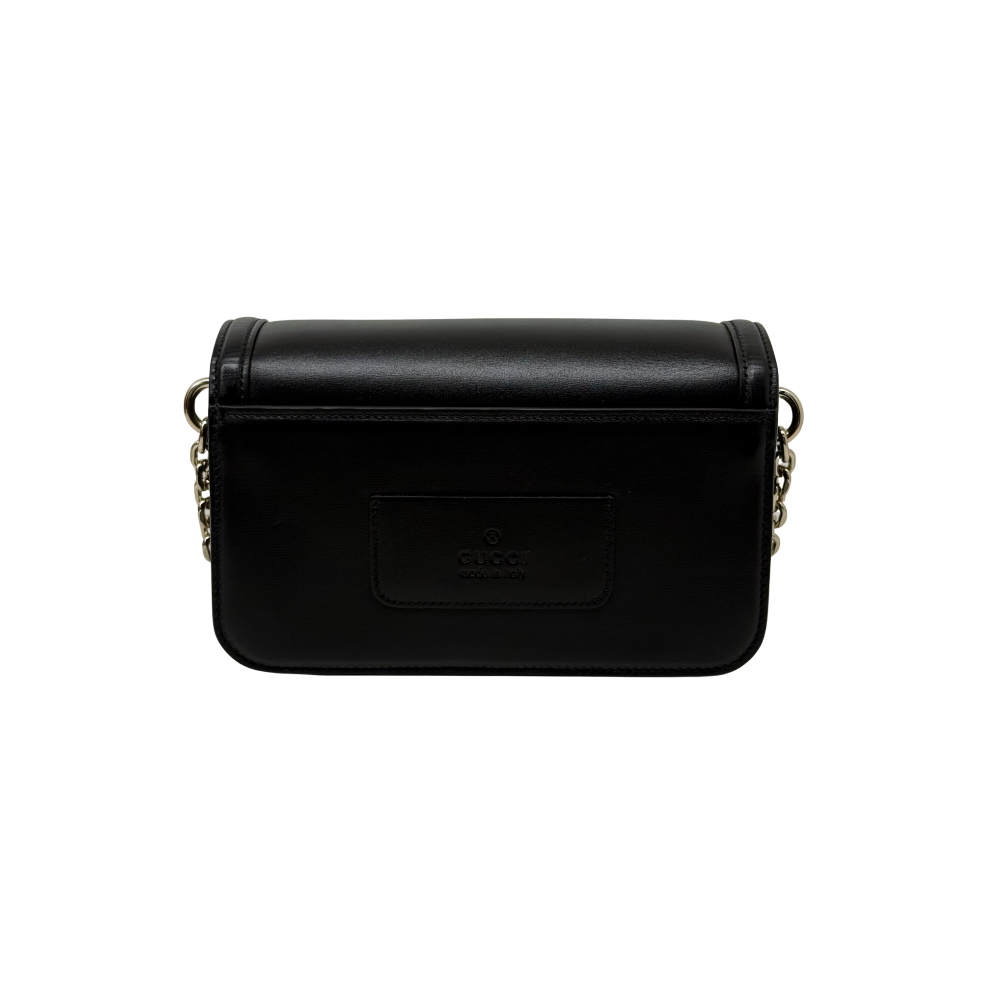 Black leather shoulder bag with chain strap and embossed logo patch