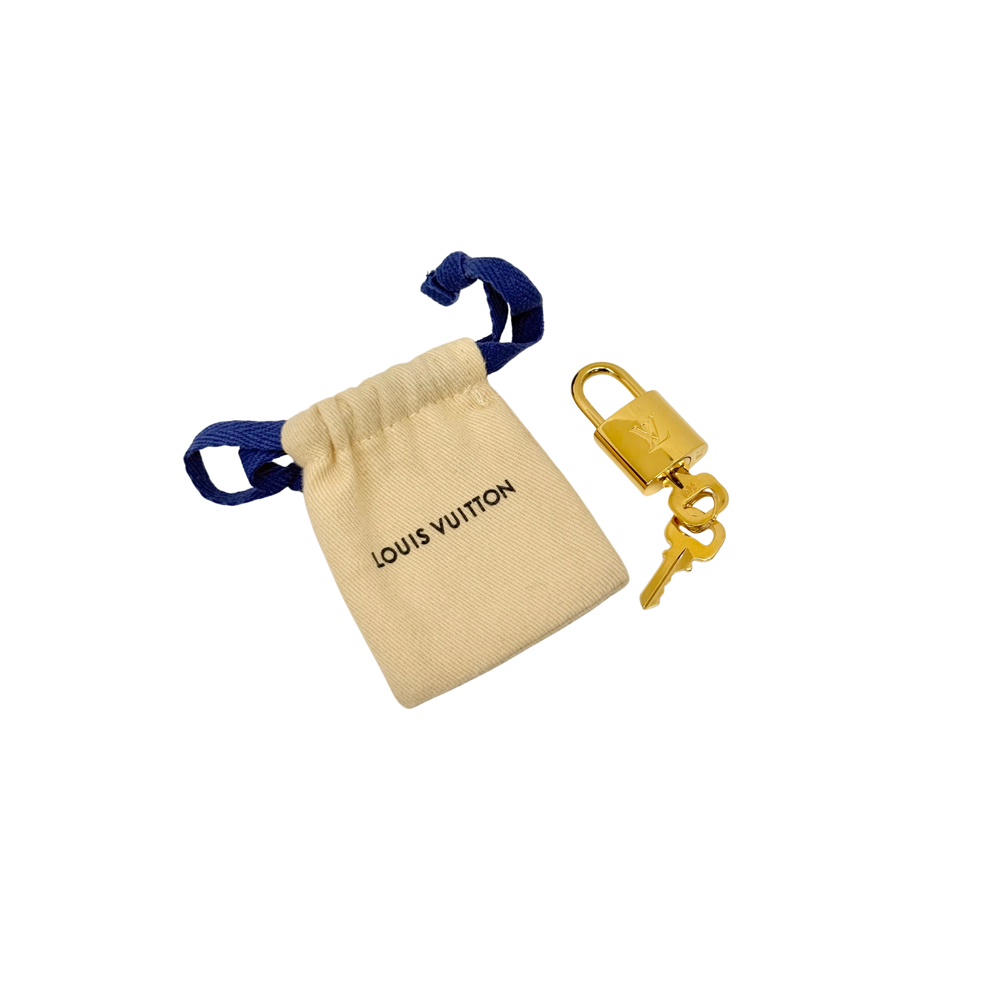 Beige drawstring pouch with blue cord and gold key set