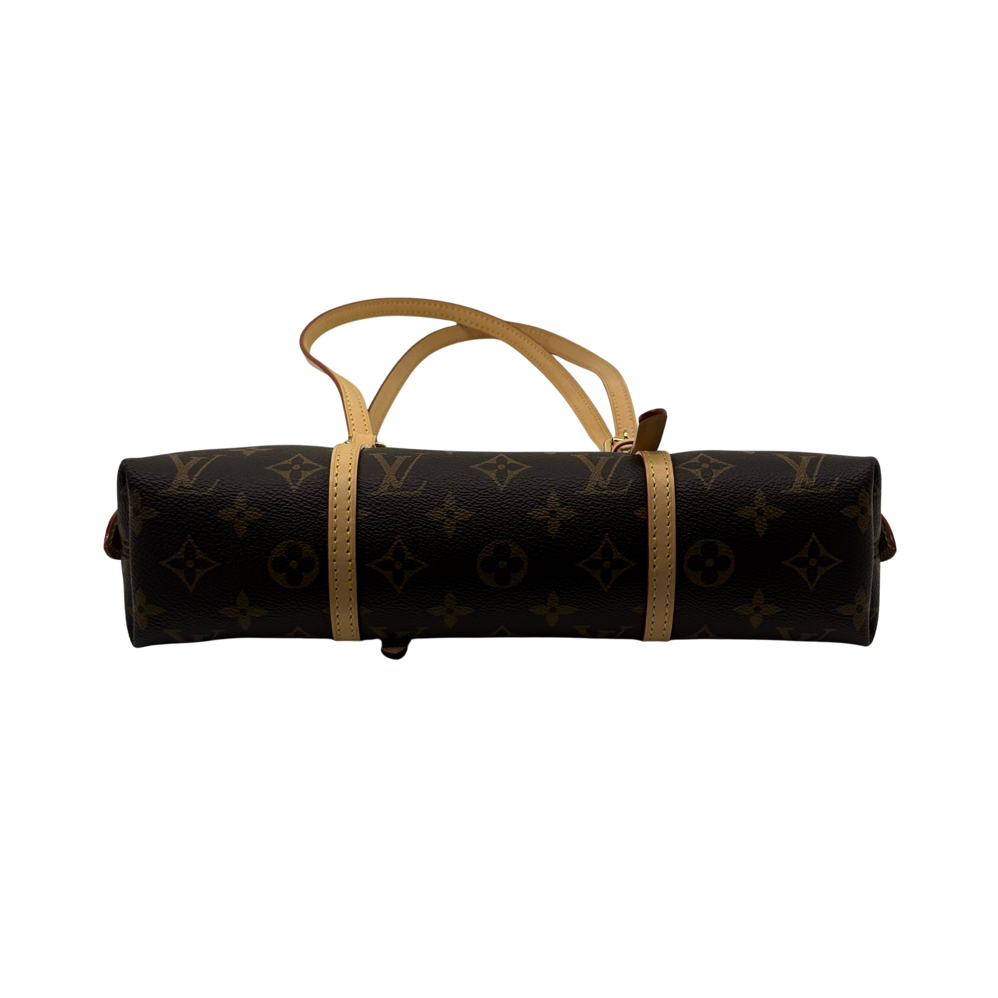 Louis Vuitton monogram duffel bag with tan handles and front panel view