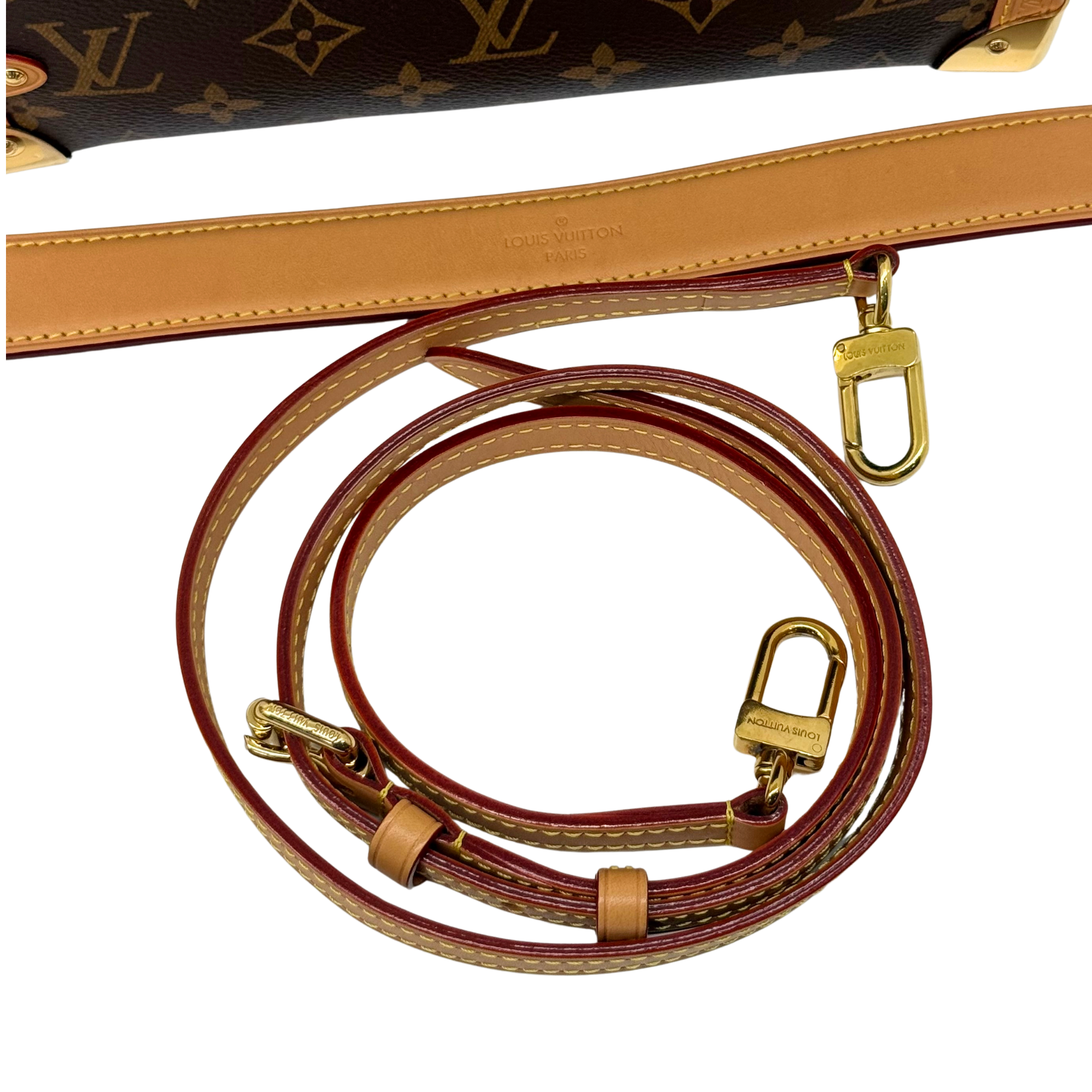 Monogram crossbody strap set with adjustable buckle, tan leather and gold-tone hardware