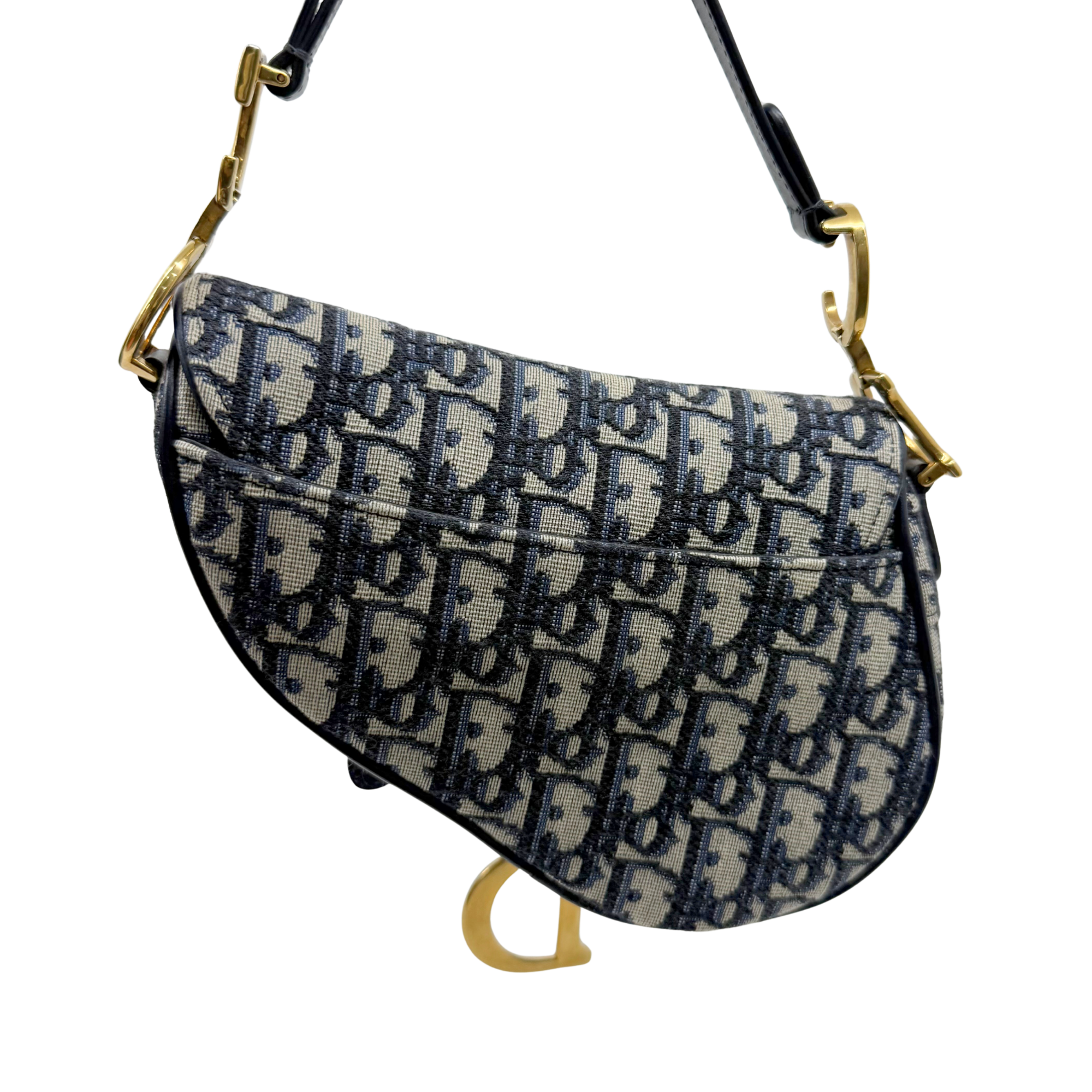 Logo-print half-moon crossbody bag with navy strap and gold hardware