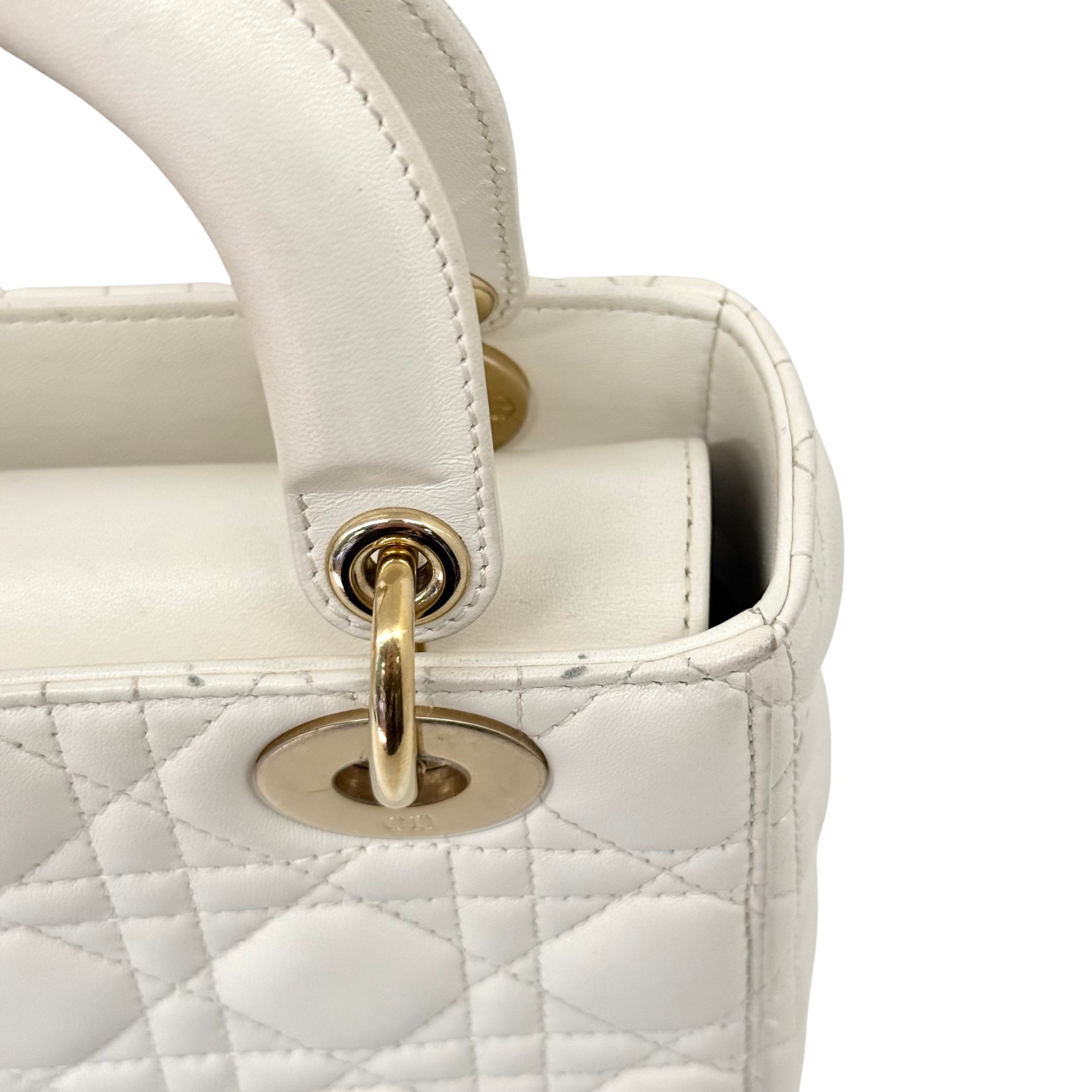 Dior Lady Dior Small White Cannage Lambskin Leather Top Handle Bag (pre-owned)