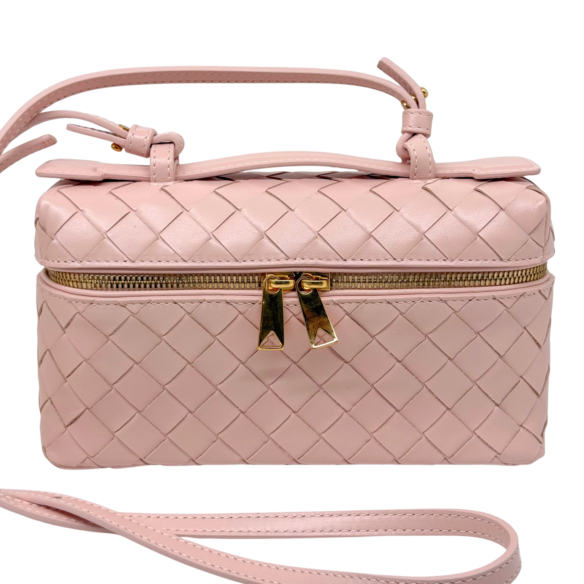 Bottega Veneta quilted leather top-handle bag, pale pink, gold zipper and pulls