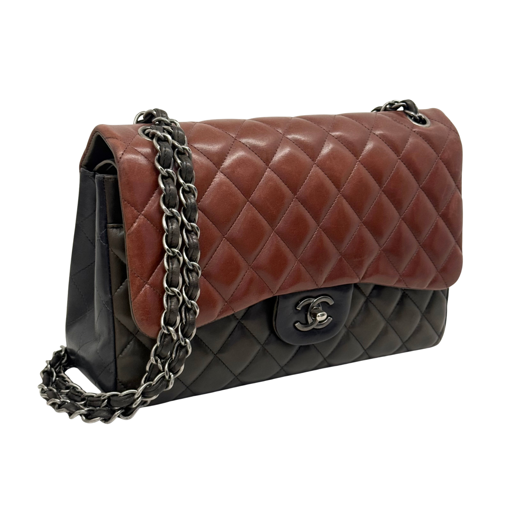 Chanel Paris-Edinburgh Classic Medium Burgundy Brown Black Lambskin Leather Double Flap Bag (pre-owned)