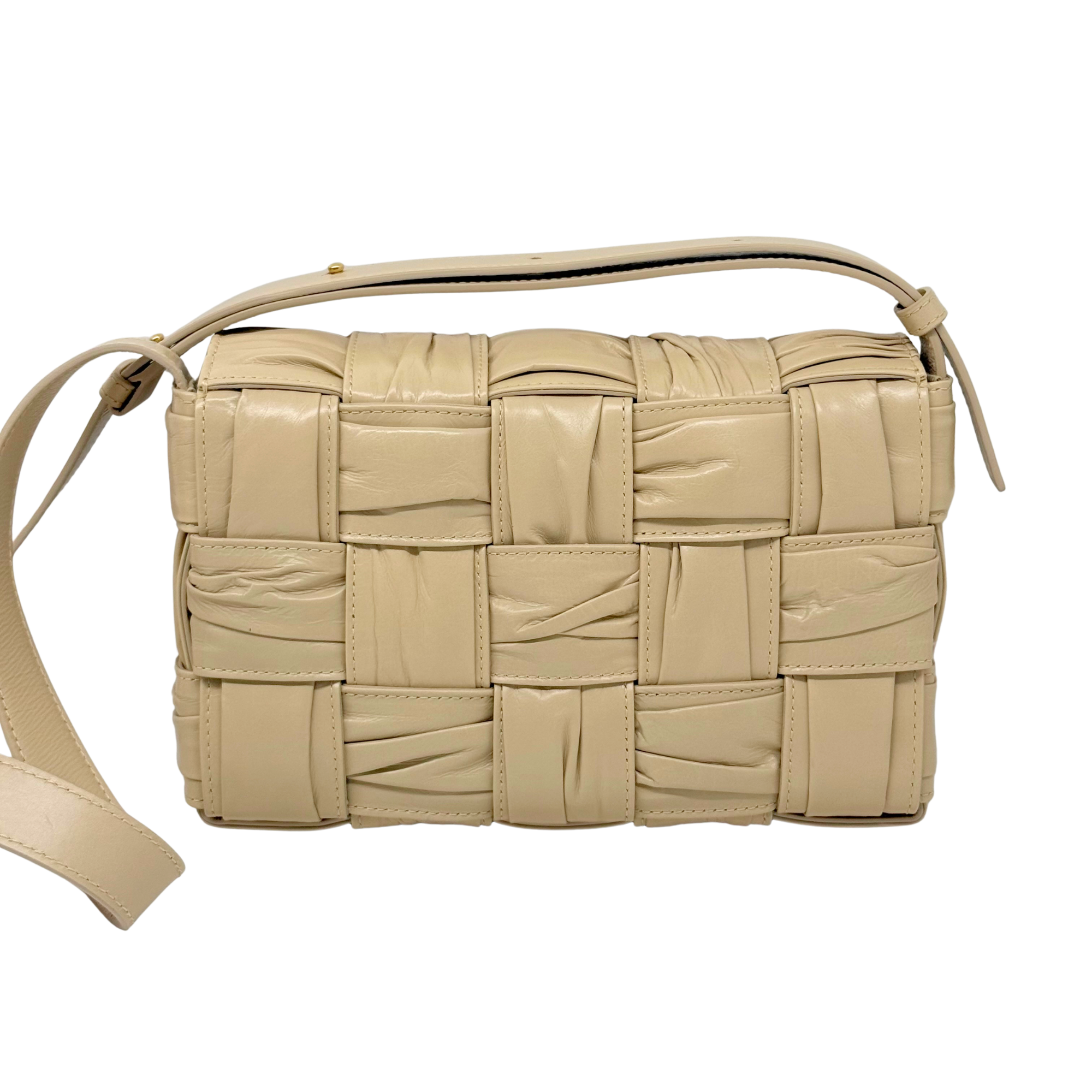 Bottega Calfskin Intreccio Plisse Cassette Crossbody Bag Porridge / beige (brand new)