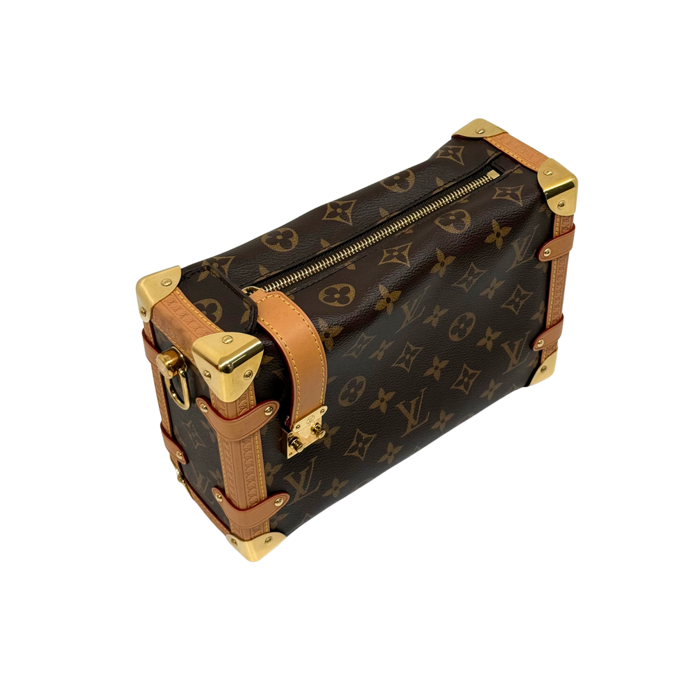 Louis Vuitton monogram handbag angled view with top handle, front clasp, zip opening
