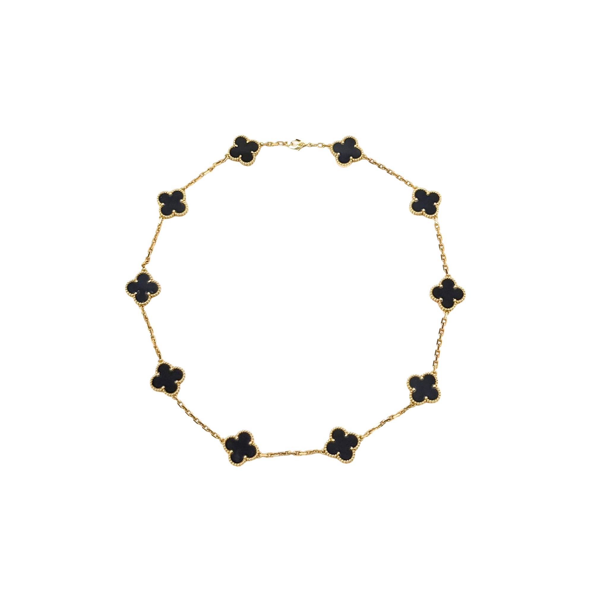 Van Cleef clover necklace round view with gold-tone chain and black four-leaf links