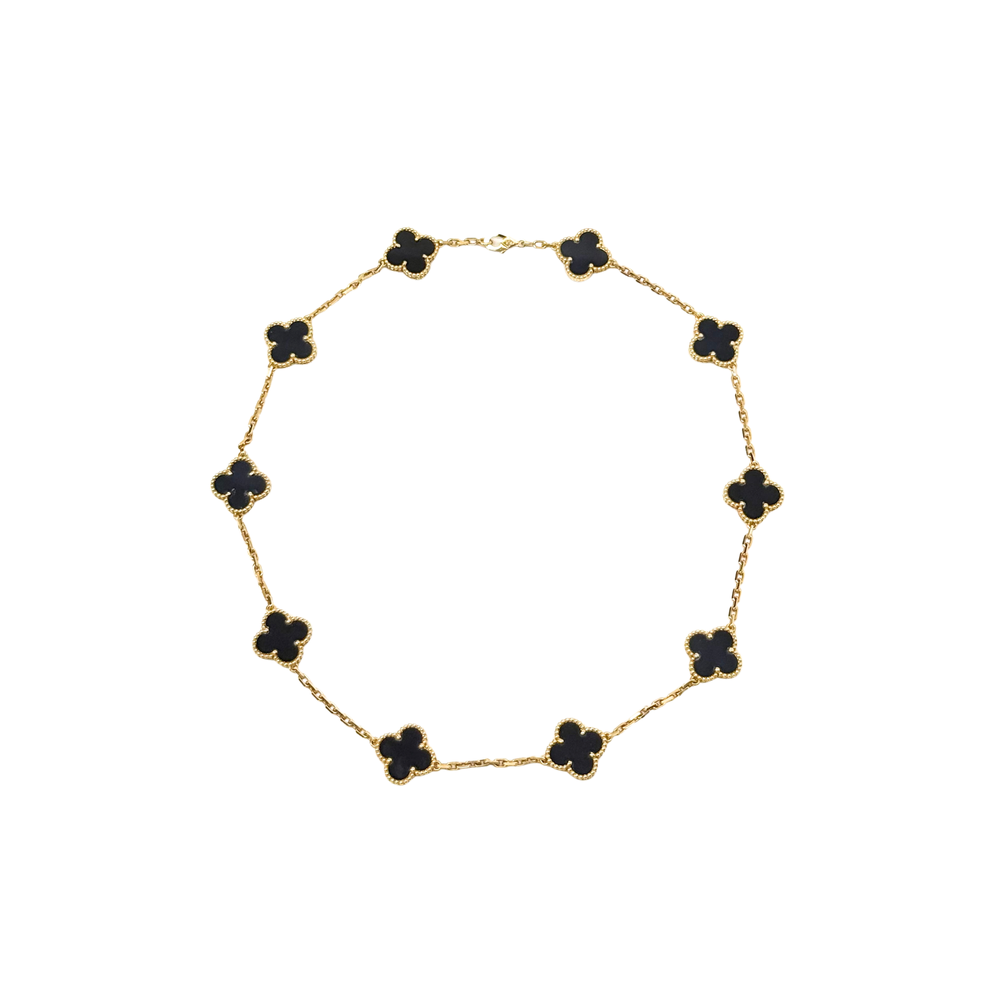 Van Cleef clover necklace round view with gold-tone chain and black four-leaf links