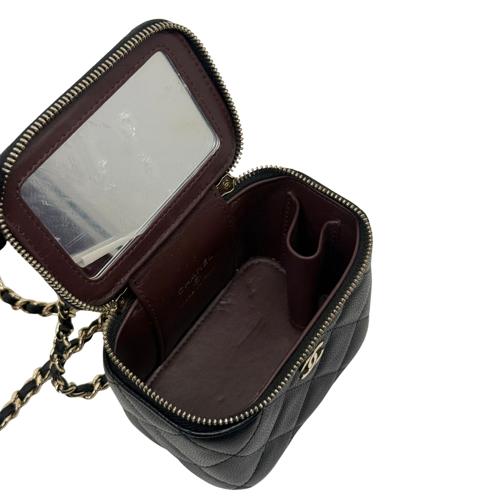 Pre-owned Chanel mini pouch open with clear card window, burgundy lining, zip top