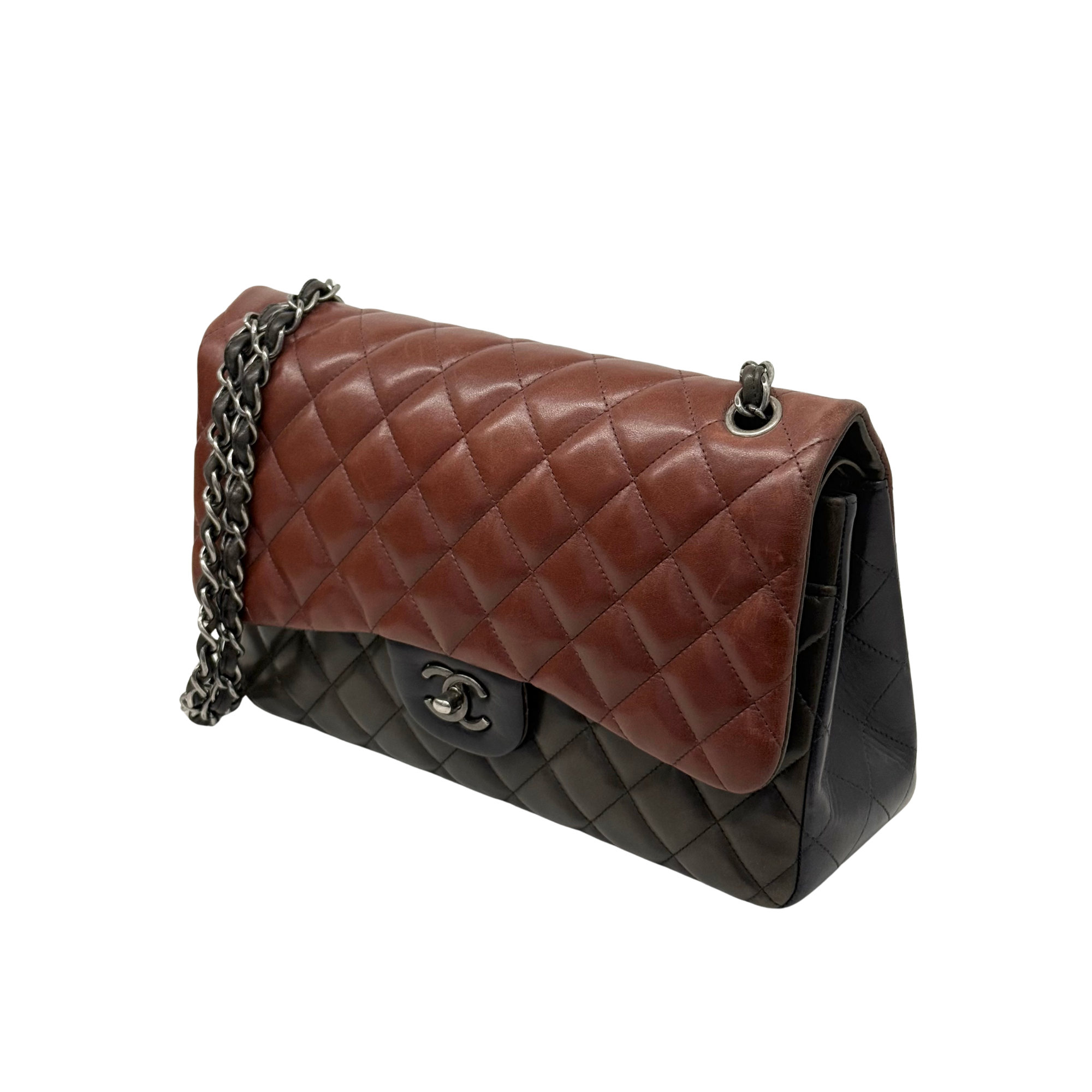 Chanel Paris-Edinburgh Classic Medium Burgundy Brown Black Lambskin Leather Double Flap Bag (pre-owned)