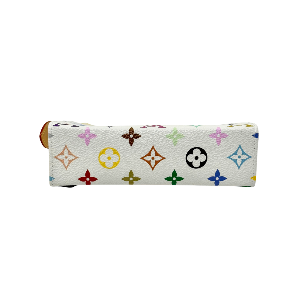 Louis Vuitton pouch back panel in white with multicolor monogram icons, rounded corners