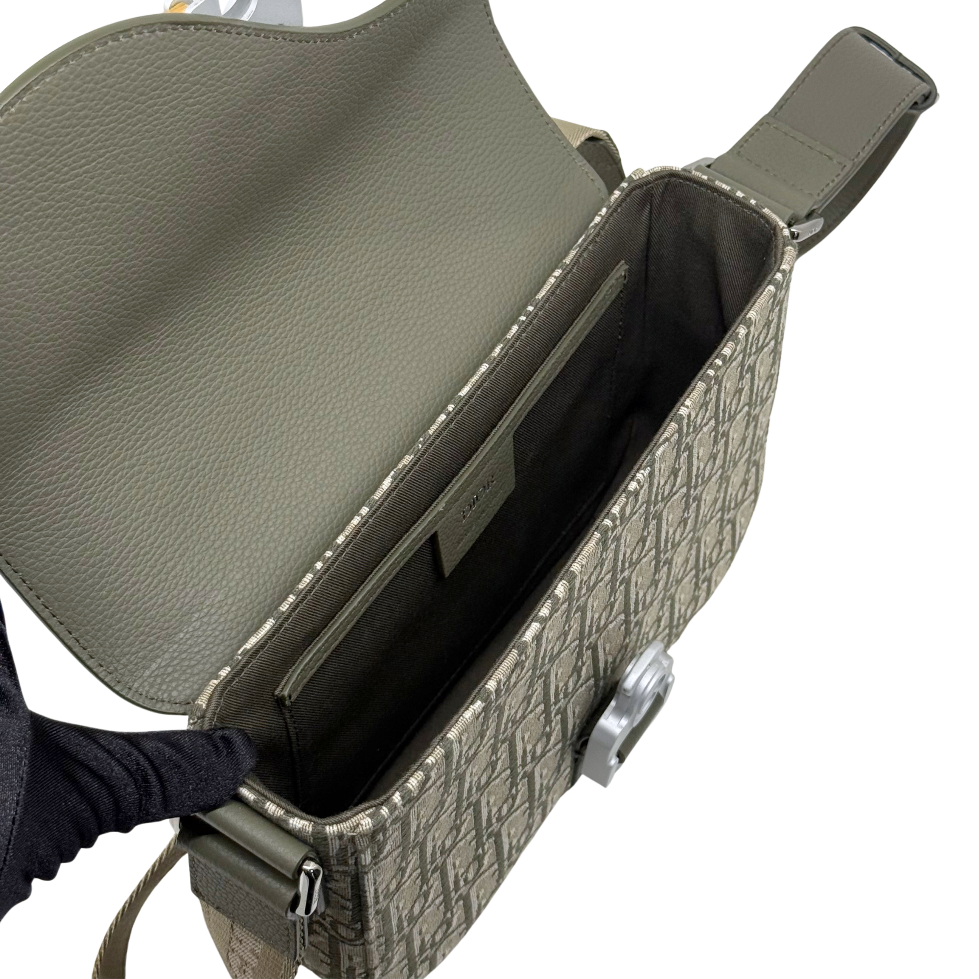 Dior crossbody bag open top with olive leather flap and interior lining