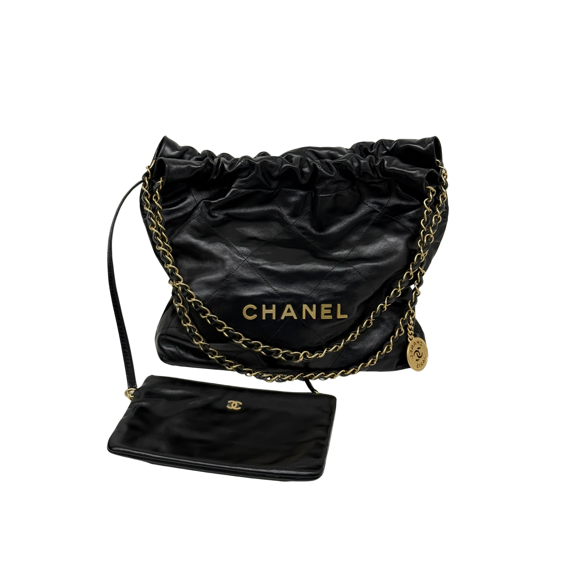 Black quilted Chanel drawstring shoulder bag with gold chain strap and logo front