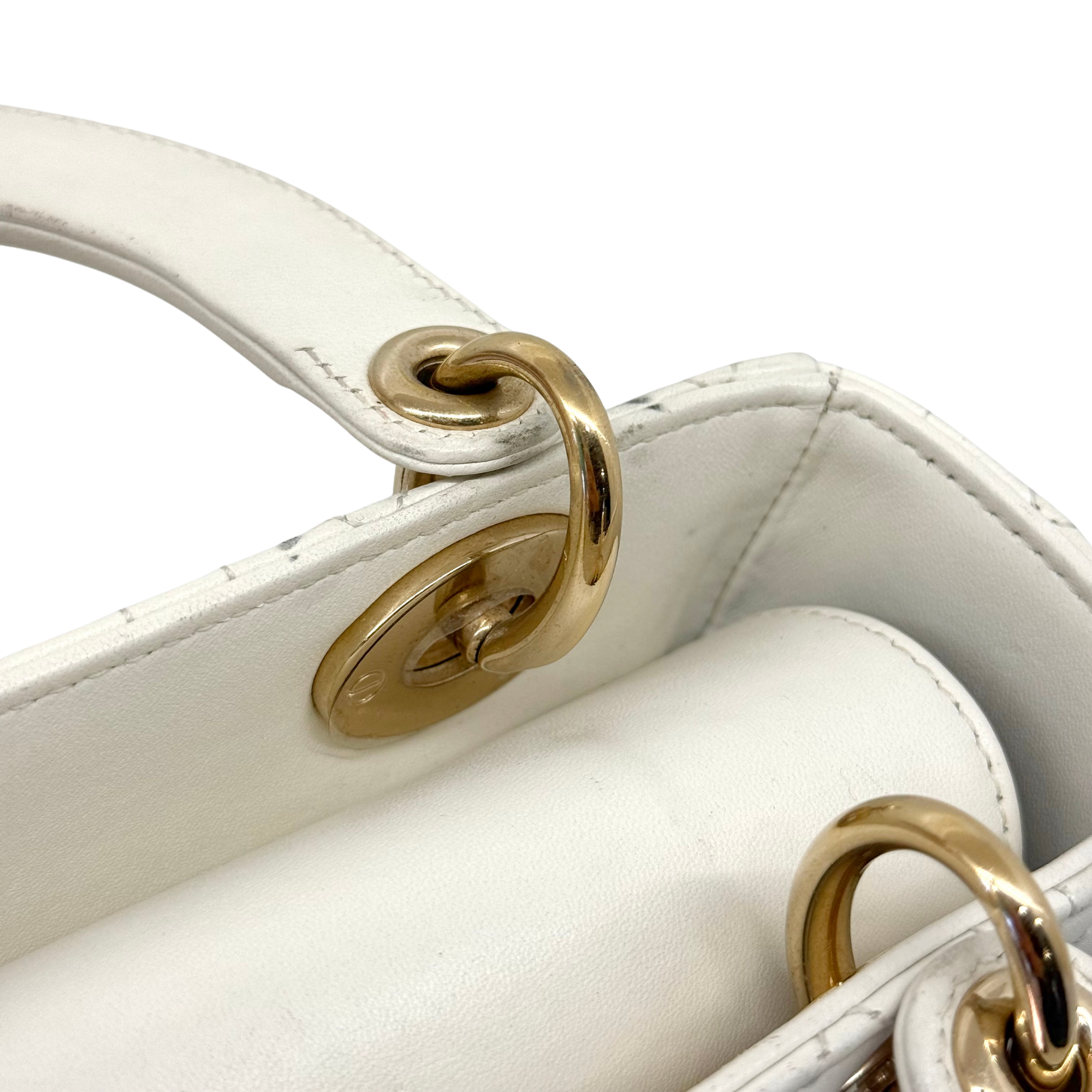 Dior Lady Dior Small White Cannage Lambskin Leather Top Handle Bag (pre-owned)
