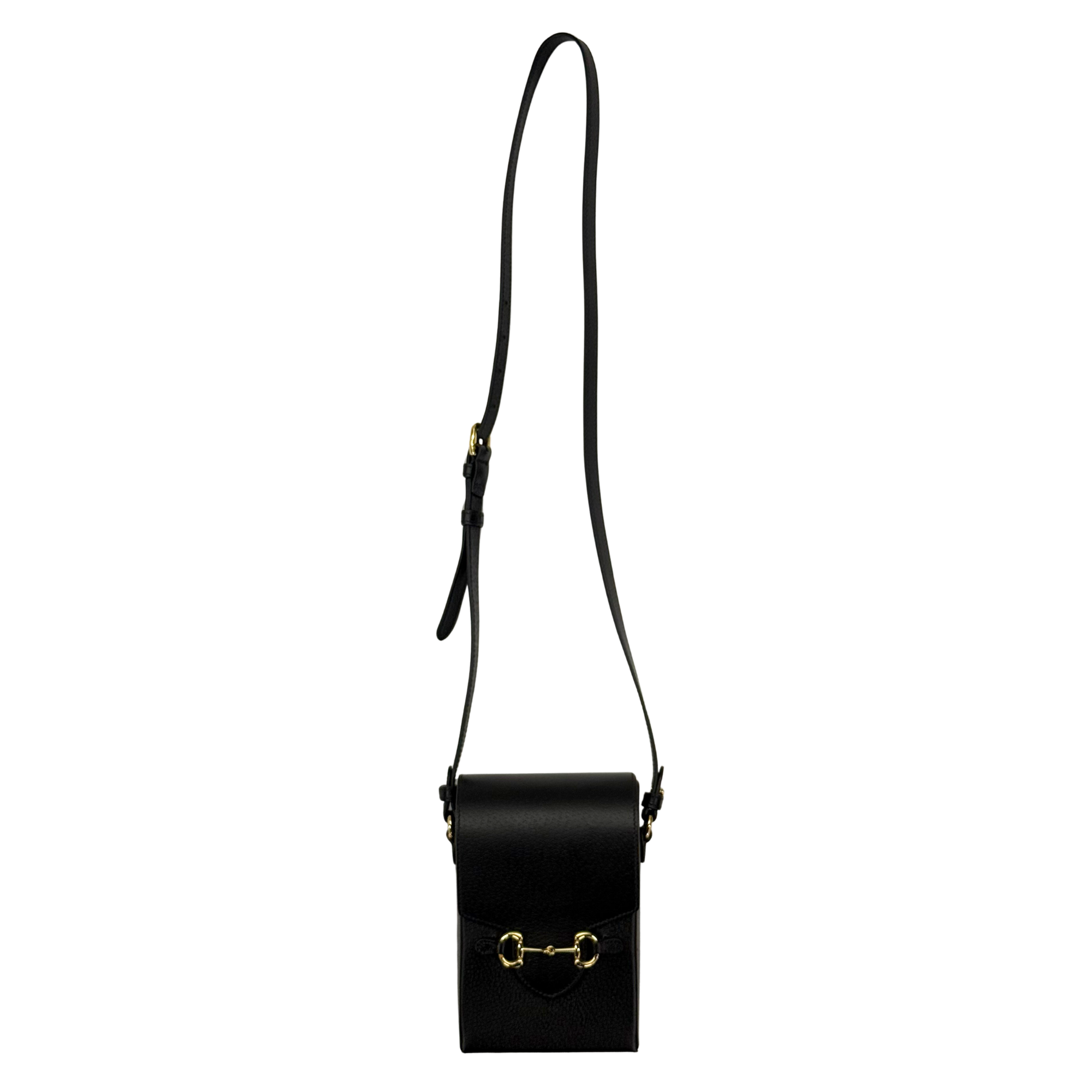 Black leather crossbody bag with adjustable strap and gold clasp