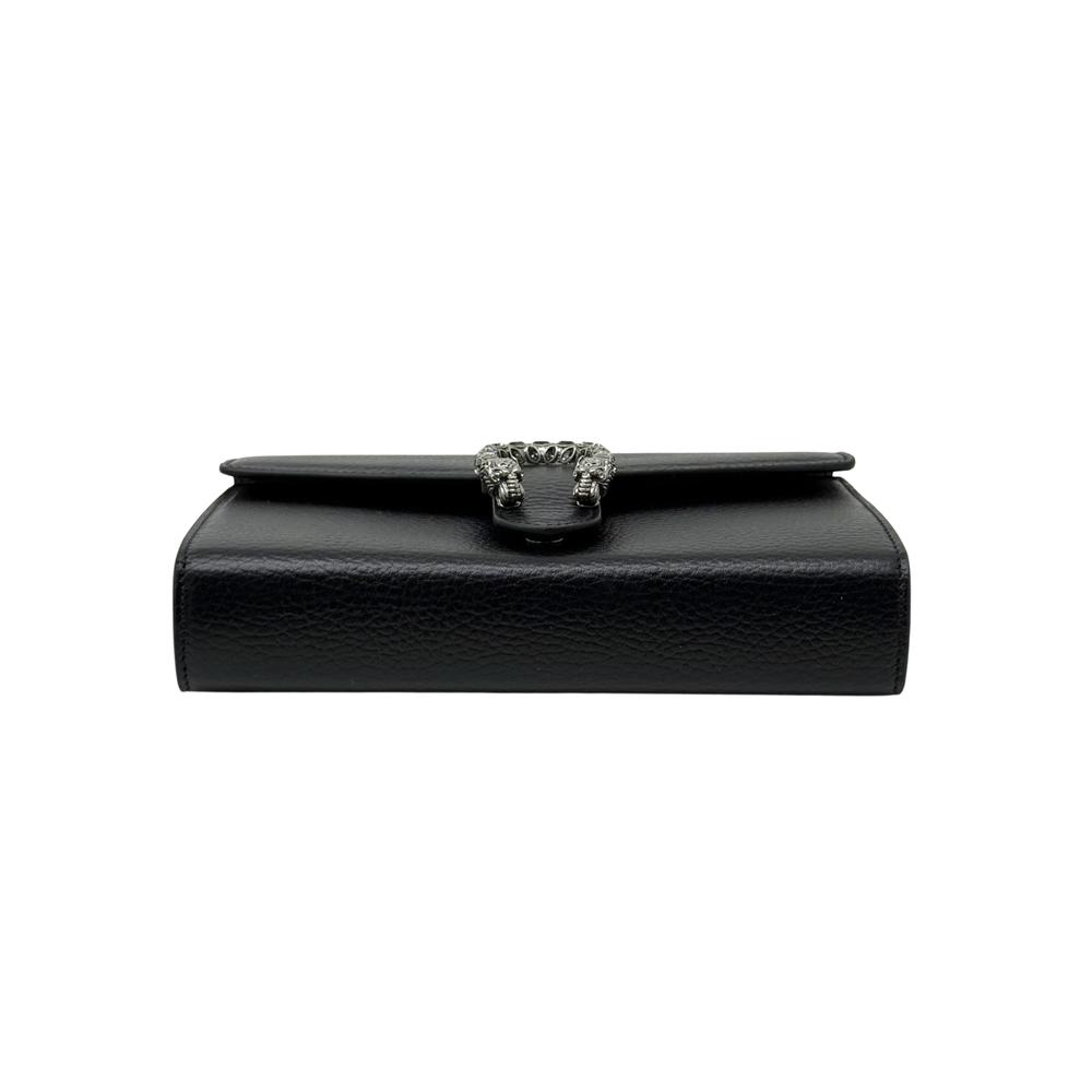 Gucci black leather clutch top view with silver-tone horsebit clasp hardware