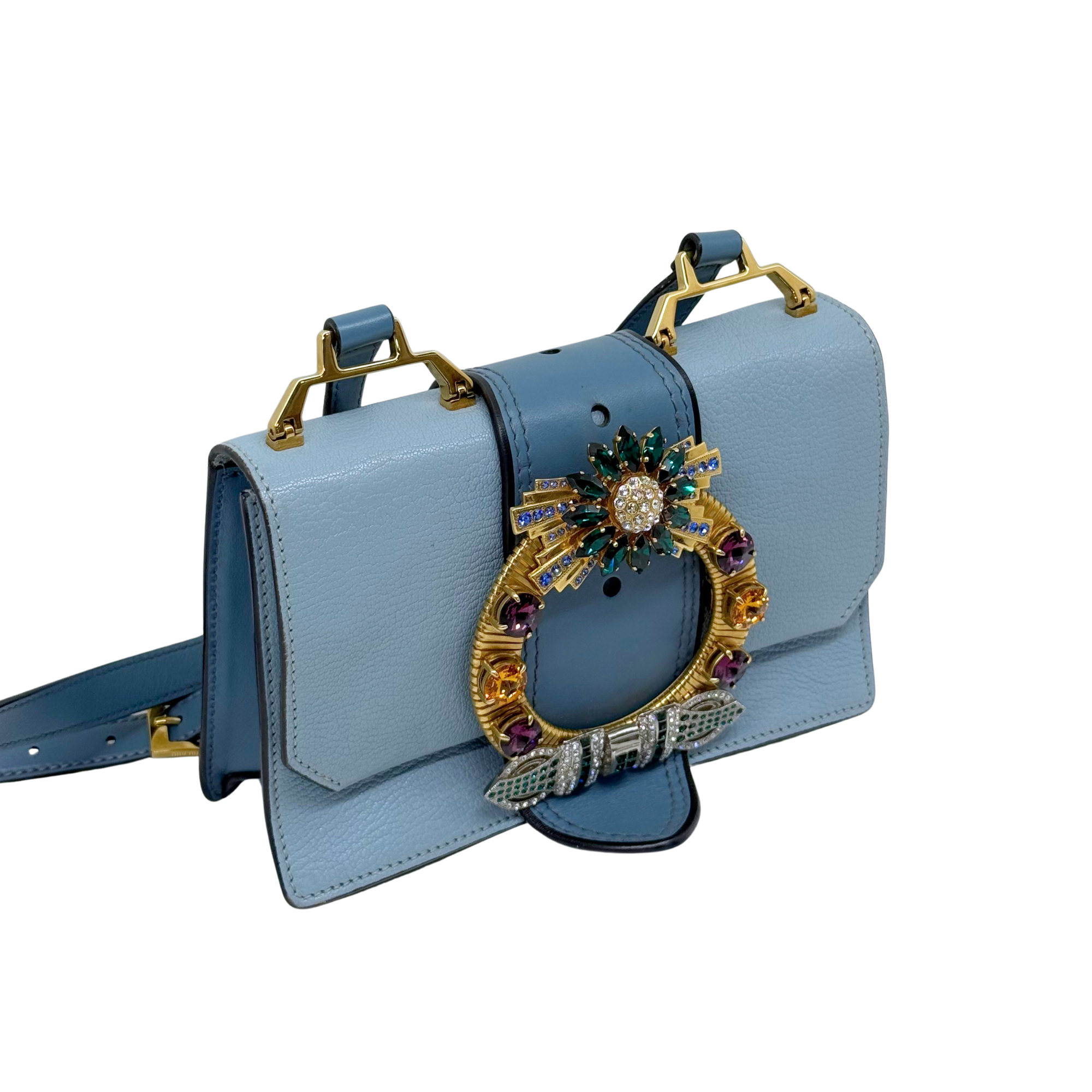 Pre-owned Miu Miu light blue bag with front flap and jeweled gold-toned clasp