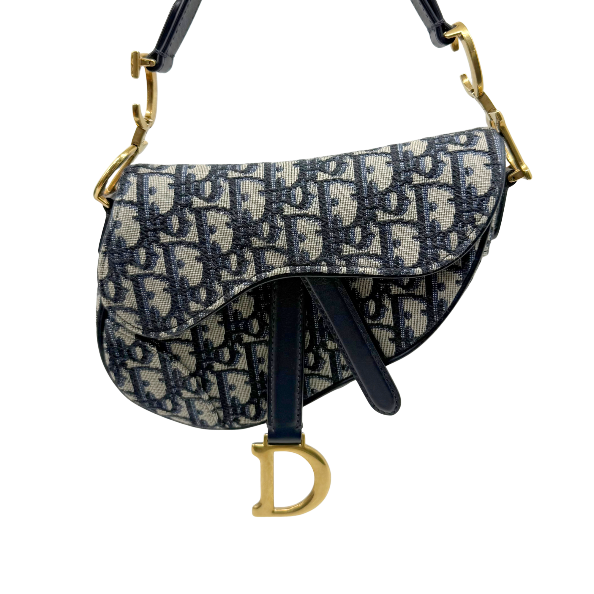 Dior monogram crossbody bag, flap with black trim and navy pattern, gold-tone hardware