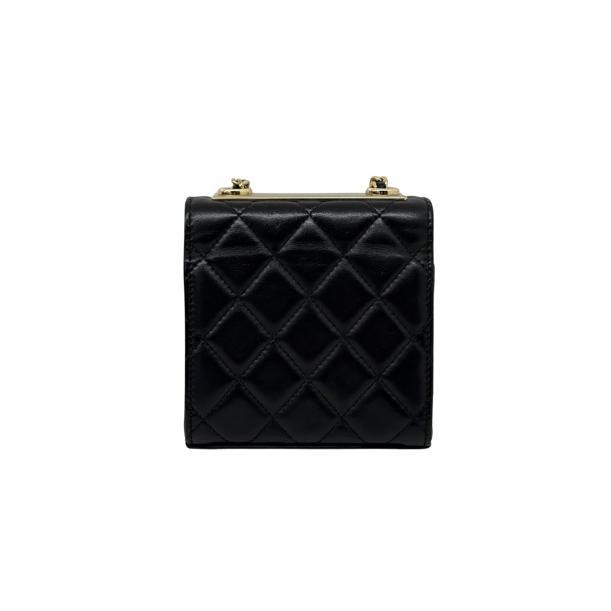 Black Chanel quilted square mini bag back with diamond pattern and gold posts