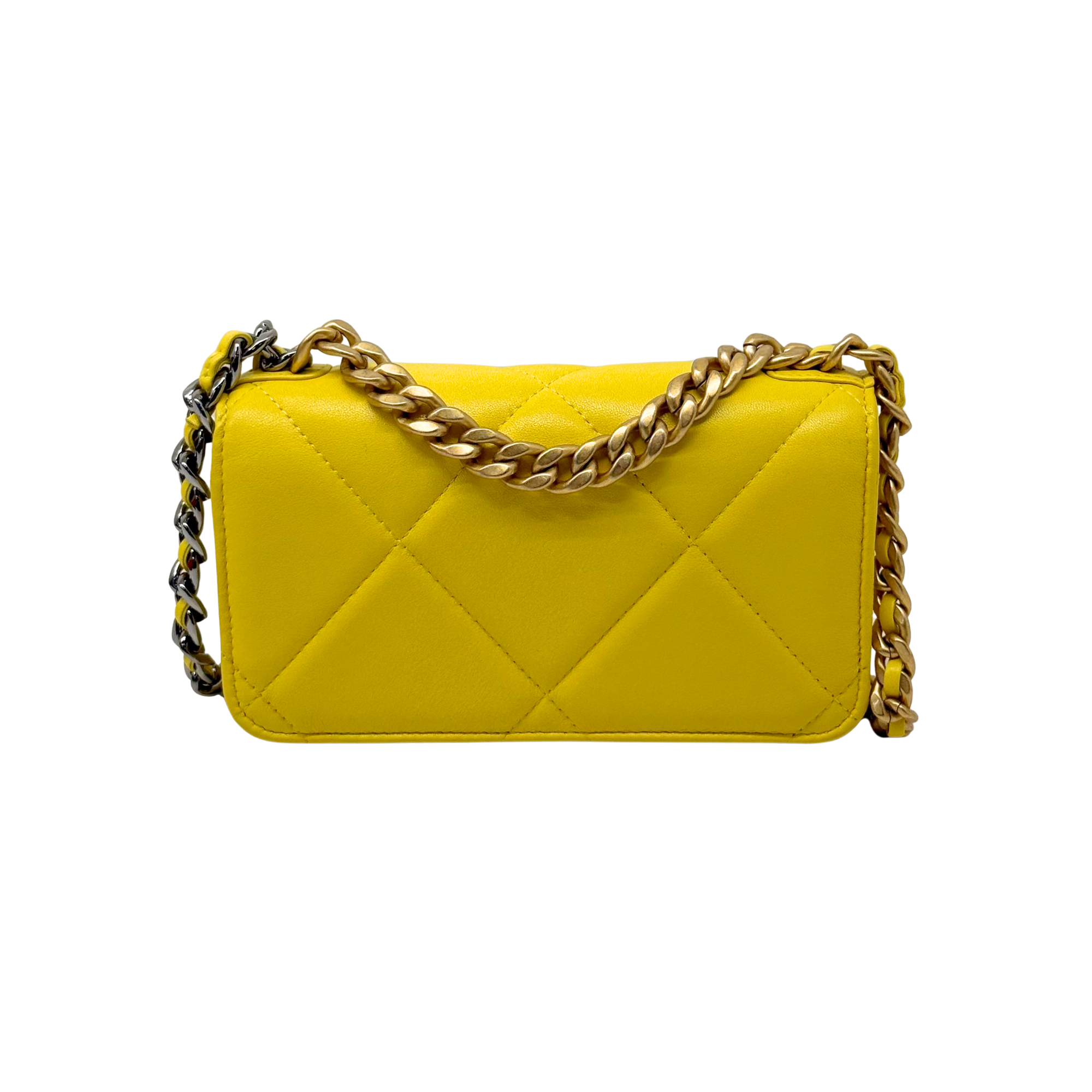 Yellow quilted crossbody bag with front flap, diamond stitching, and gold chain