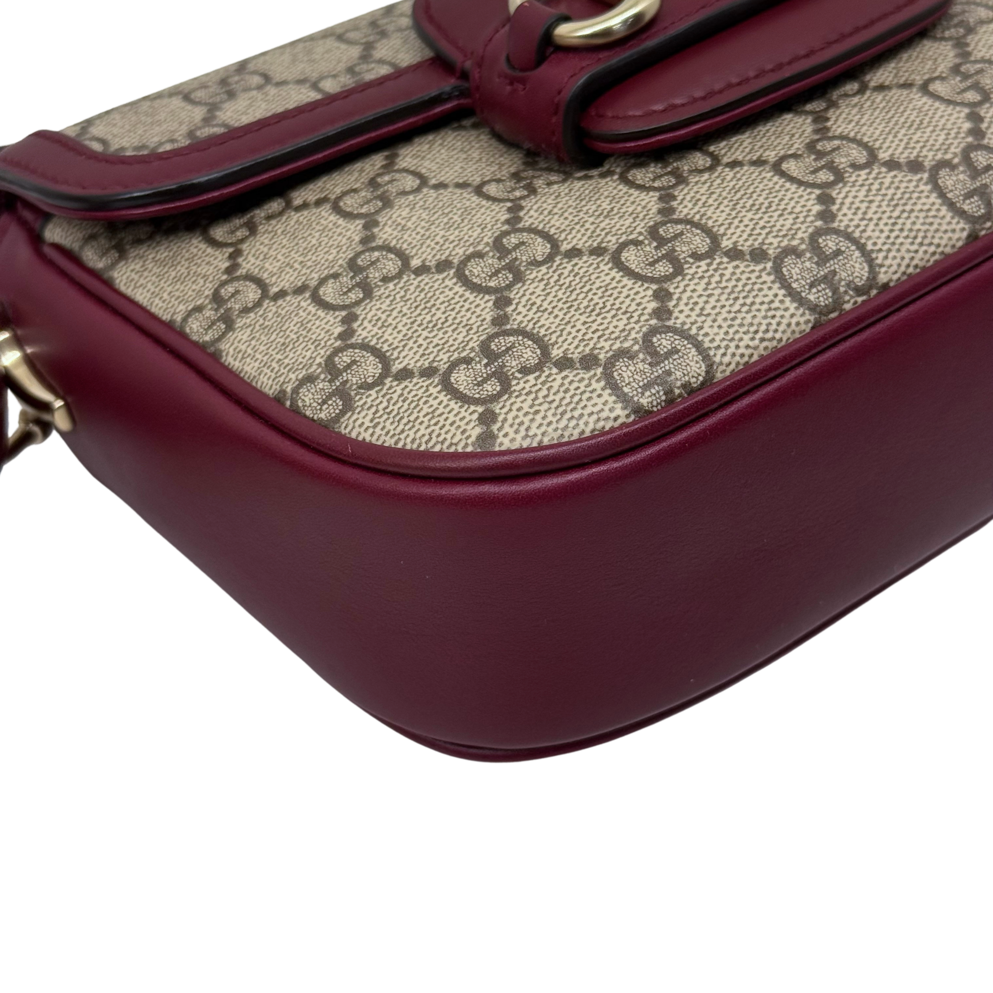 Gucci GG crossbody bag close-up with burgundy trim and canvas logo print