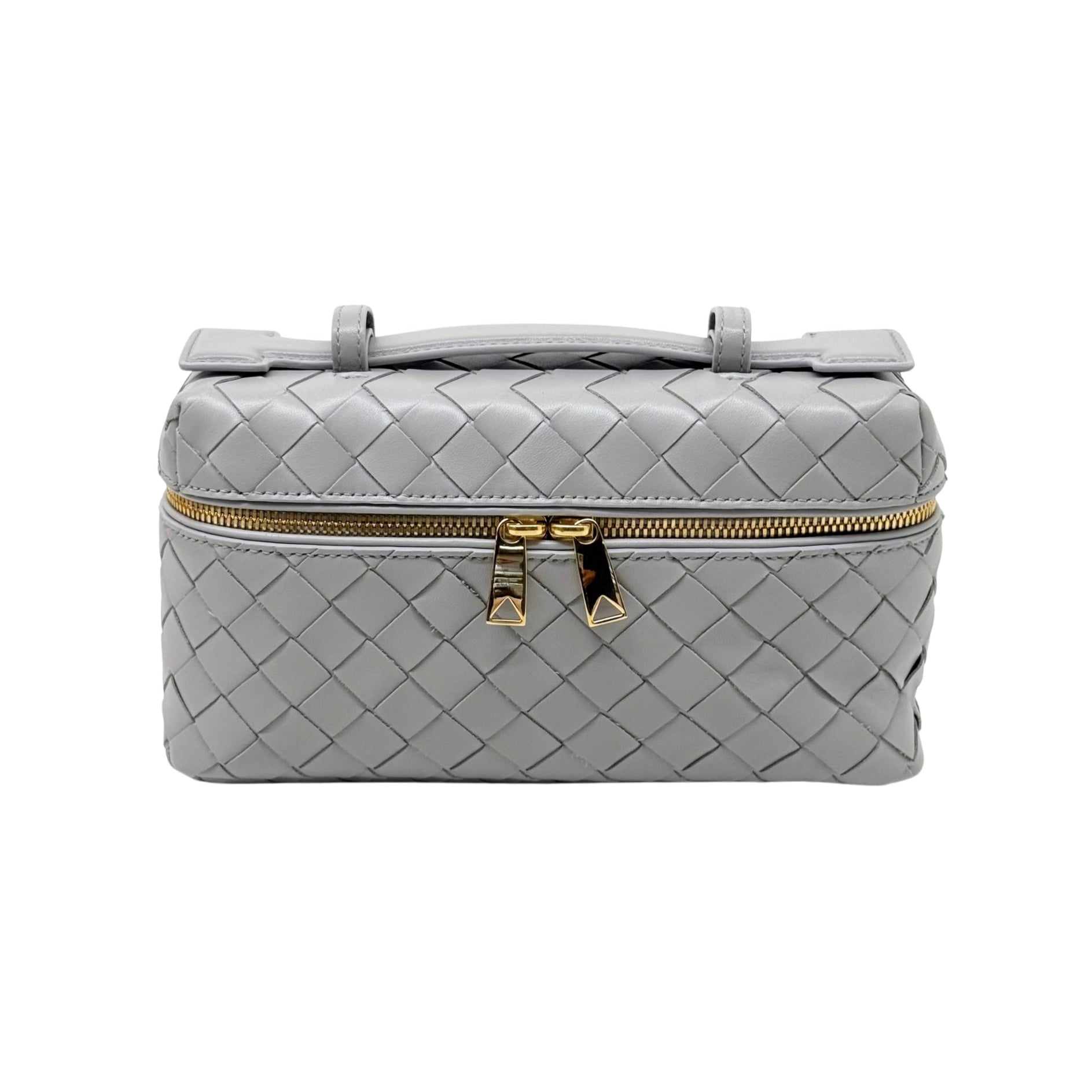 Bottega Veneta quilted leather bag, light gray, gold front zipper, top handles