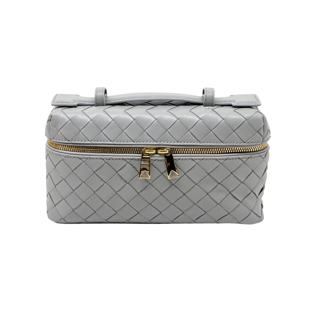 Bottega Veneta quilted leather bag, light gray, gold front zipper, top handles