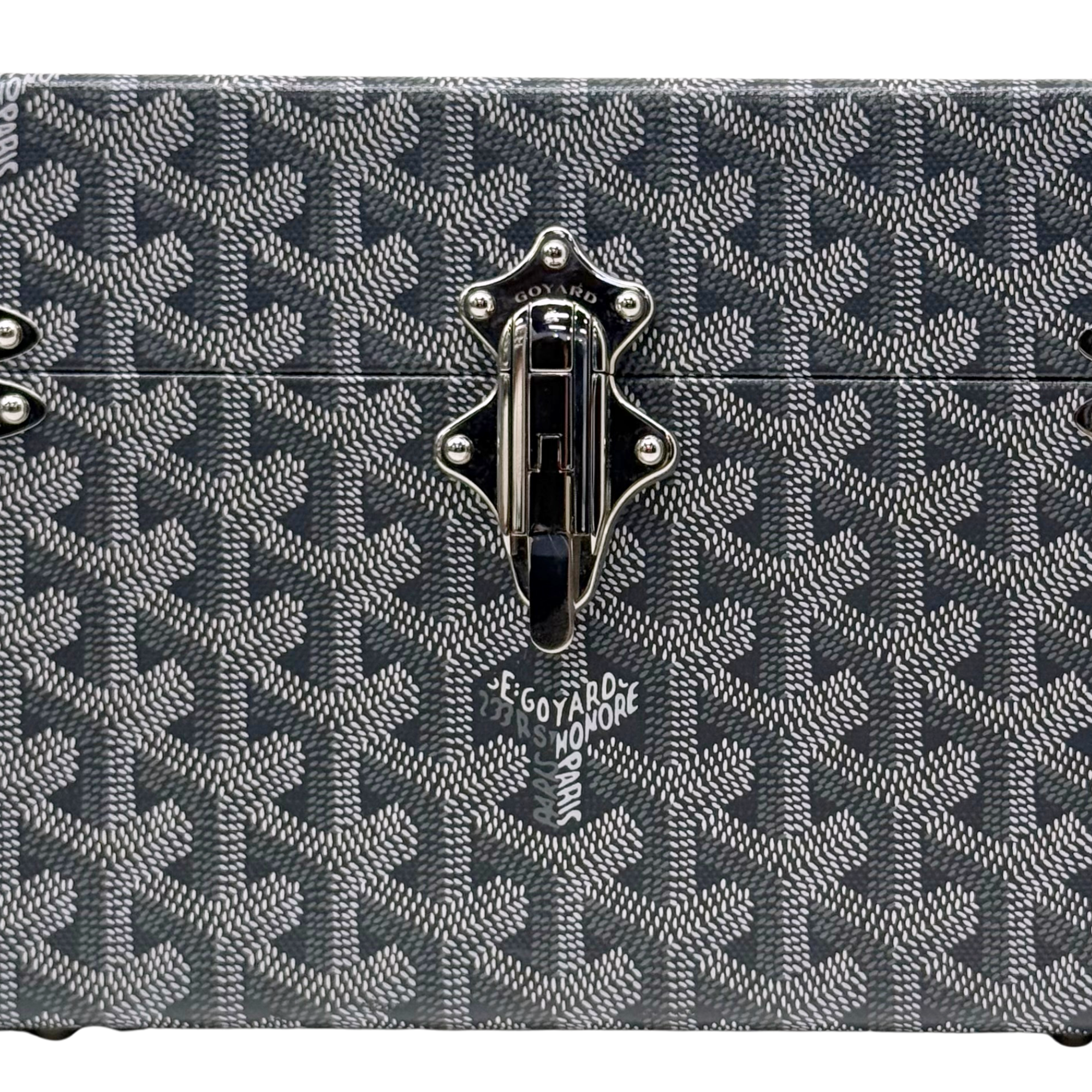 Goyard monogram trunk front latch with engraved metal pull