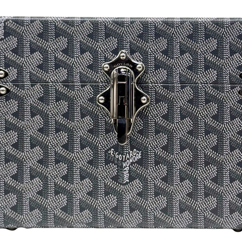 Goyard monogram trunk front latch with engraved metal pull