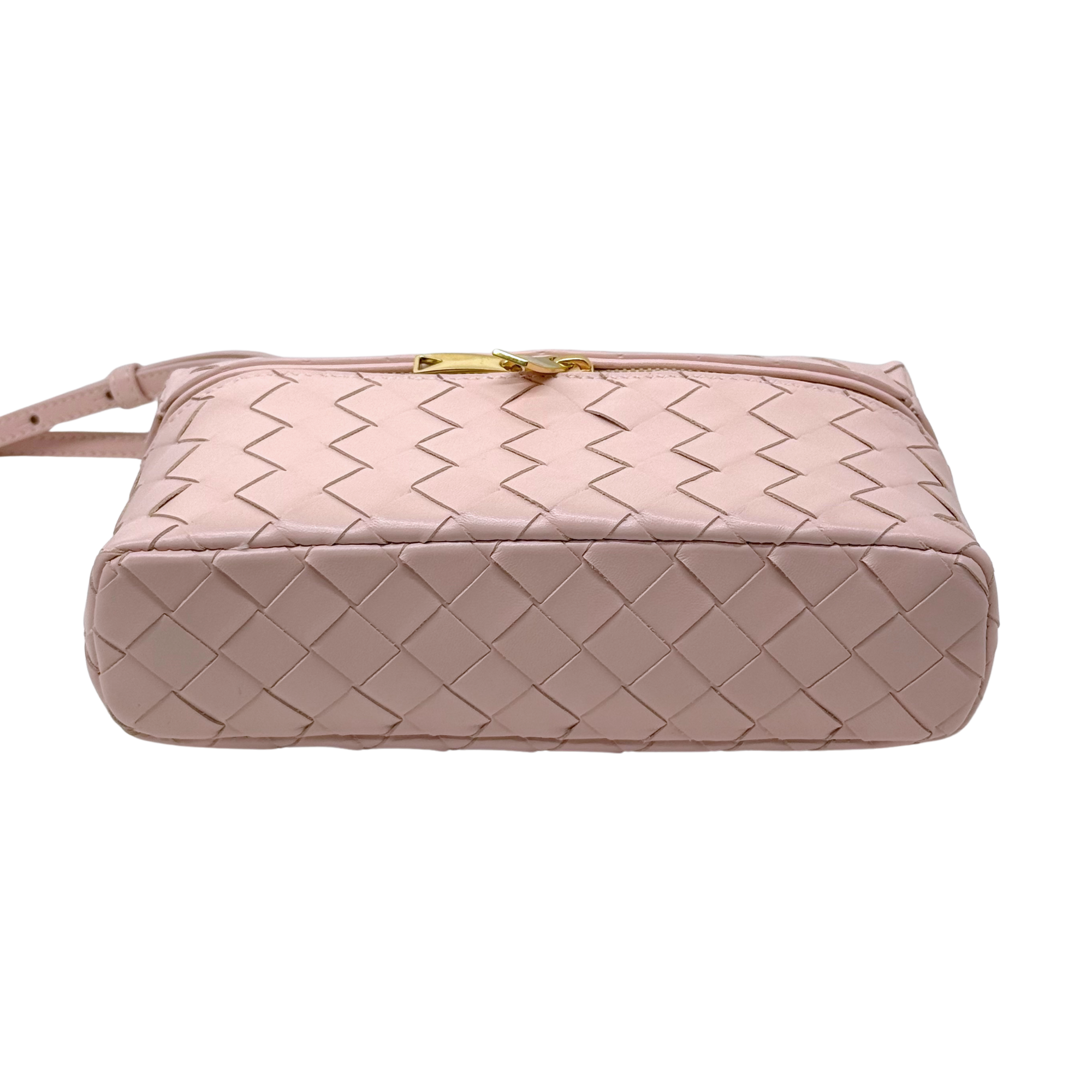 Bottega Veneta pale pink woven leather mini bag with top handle and gold accents